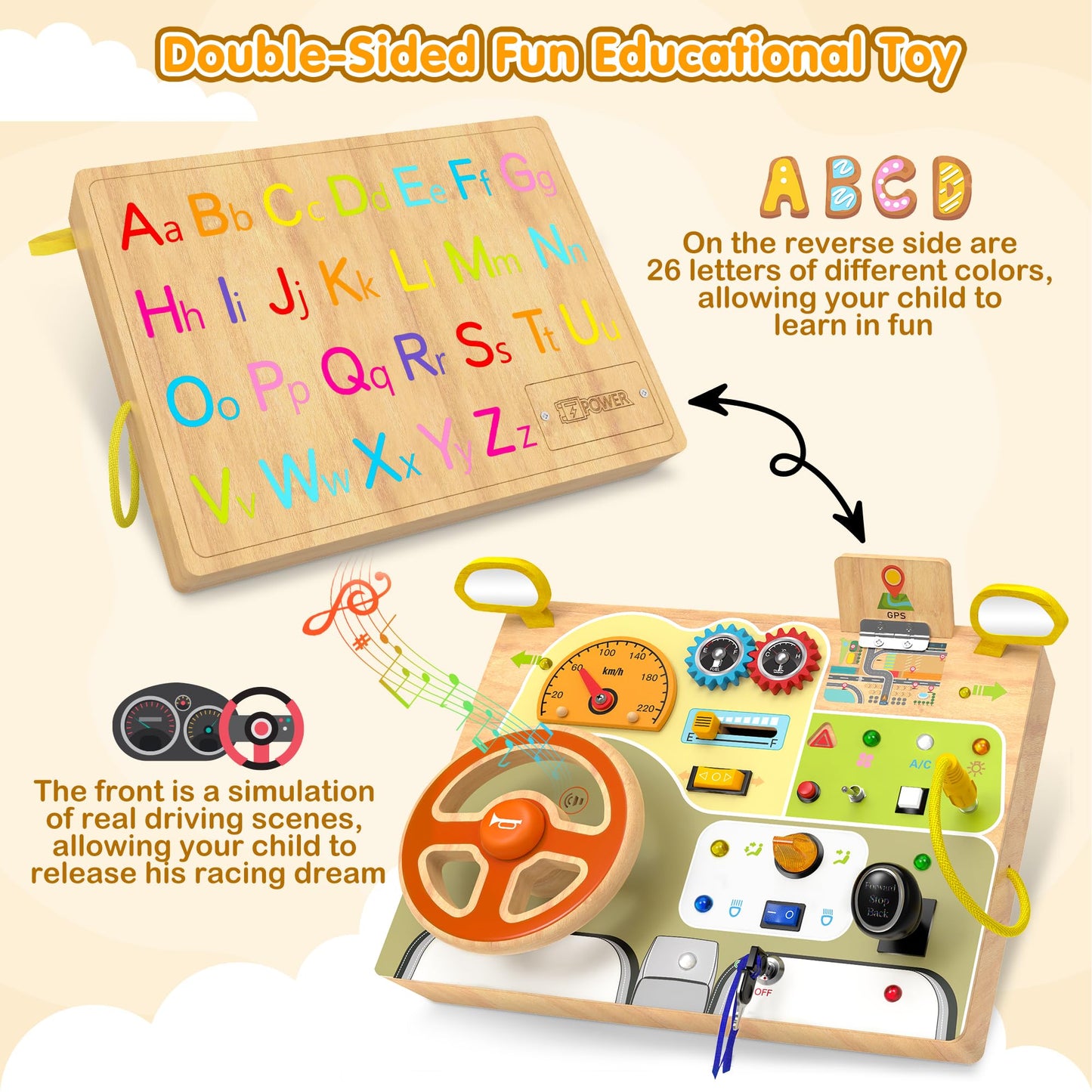 JGOBUB Montessori Toddler Toys - Baby Wooden Busy Board - Sensory Toys with Light Switch - Travel Toys for Educational Toddler Activities for Toddlers 3 4 5 6+ Year Old
