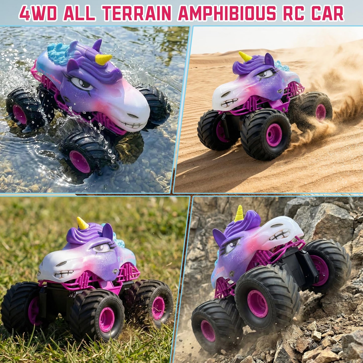 Unicorn RC Car for Girls 1:18 Amphibious Off-Road Remote Control Truck with LED Lights All-Terrain Monster Vehicle 2.4GHz High Speed Crawler Hobby Toy with 2 Batteries Birthday Gift Toys for Kids 6-12