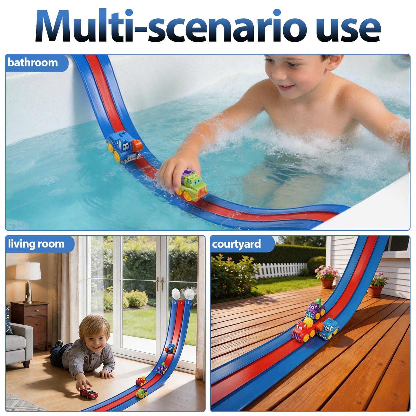 Bathtub Race Track Race Car Bath Toy Set,12PCS Kids Bath Toys，Three-Track Suction Cup Flexible Race Track Toys for Kids,Racing Gifts,Compatible with Hot Wheels & Diecast 1/64th Cars,Including net Bag