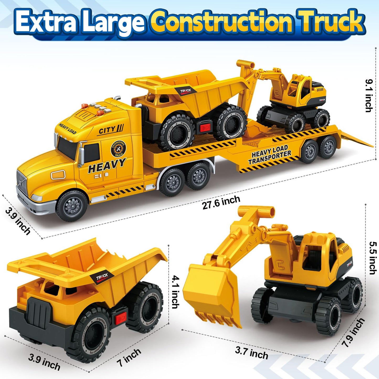 Bstoyder Toddler Boy Toys for 3 4 5 6 7 Years Kids, 27" Semi Construction Carrier Truck Toy with Excavator and Dump Truck, Friction Powered Toys with Lights and Sounds, Birthday for Boy Girls