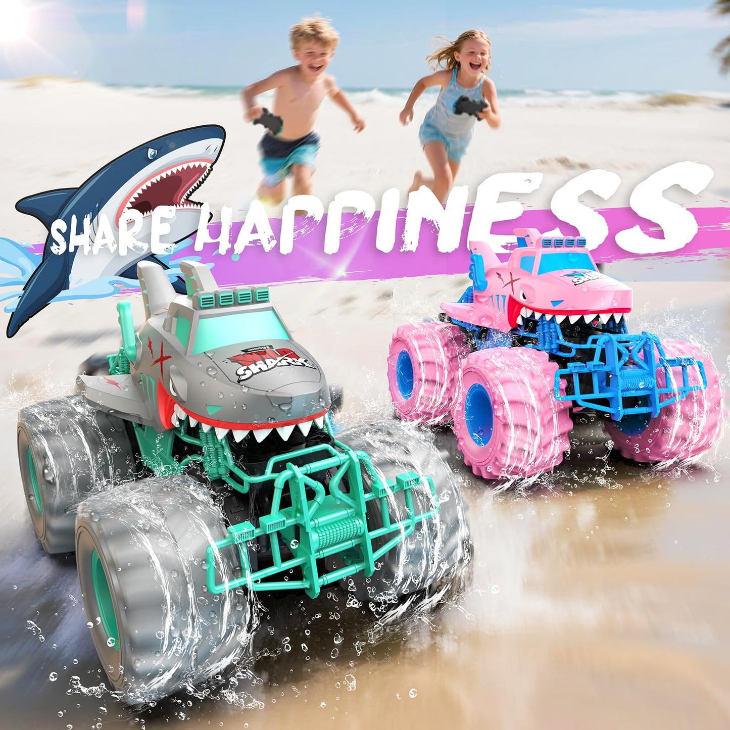 Salazaza Waterproof Shark Remote Control Car, 1:16 Amphibious RC Cars 4WD All Terrain Off Road Monster Trucks Toys, RC Truck Toys for Kids 3-5 6-8 8-12 Year Old Girl Birthday Gift, Pink