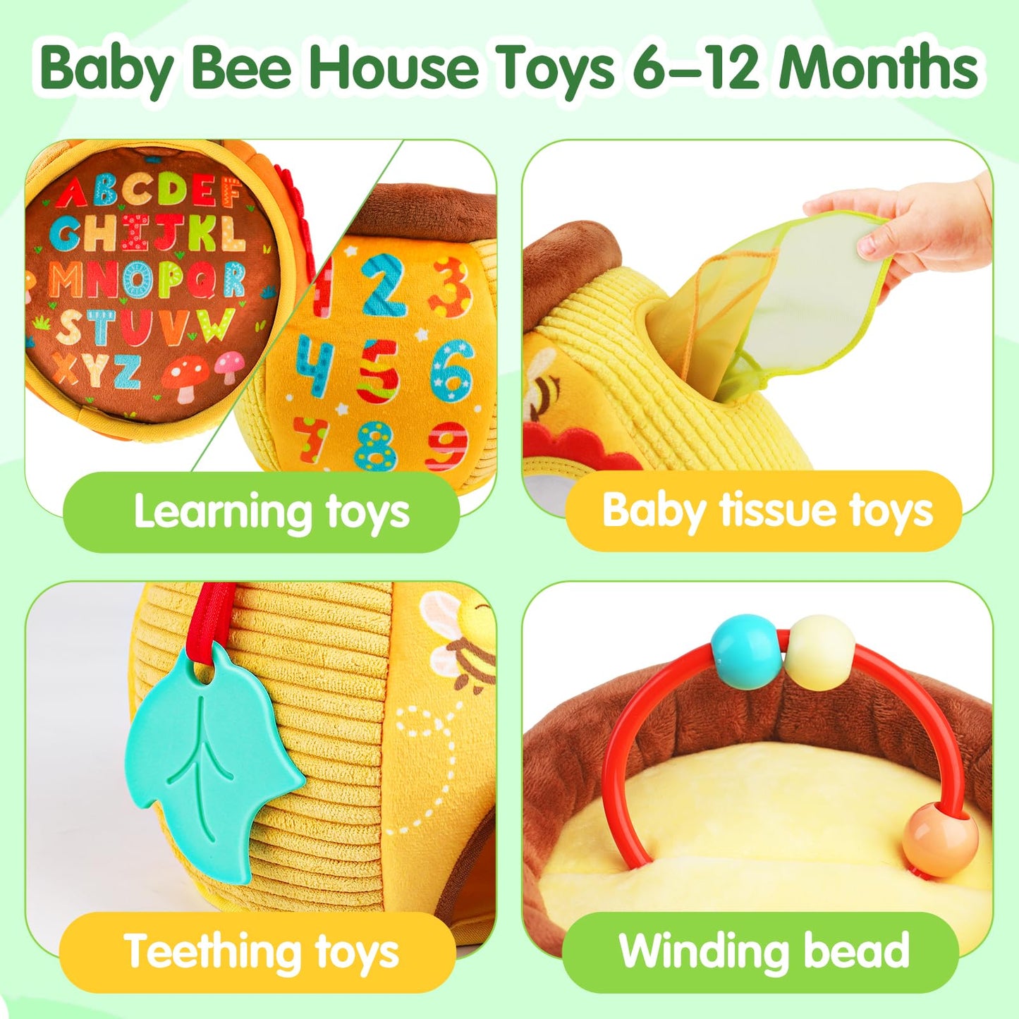 Thremhoo Baby Girls Toys 0-6 Month Music Animal Stuffed Caterpillar Toy & Soft Beehive with 5 Stuffed Animals, Rattle, Crinkle, Mirror, Montessori Sensory Toys