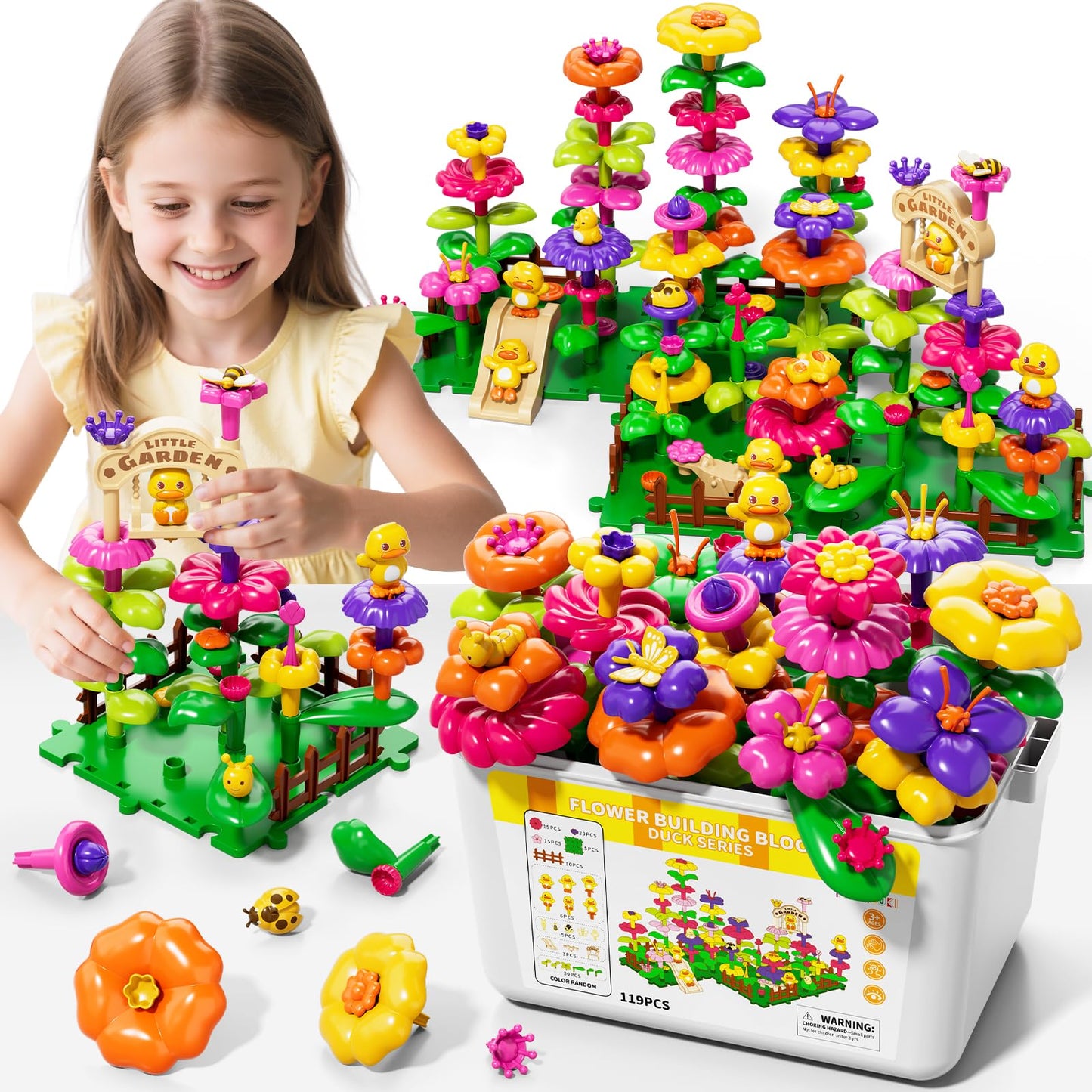 Novaluki Flower Garden Building Toys for Toddler 3 4 5 6 7 Years Old, 119Pcs DIY Stacking Toys with Storage Box, Kids STEM Preschool Educational Toy, Christmas Birthday Gift for Girls Ages 3-5