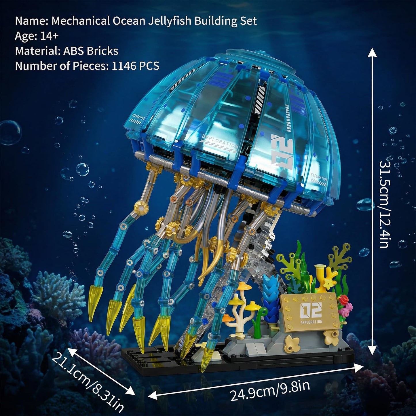 Holexapyd Mechanical Ocean Jellyfish Building Sets for Adults, Cyberpunk Sea Animals with LED Lights & Stand, Aquarium Fish Tank Decor, Creative Set (1146 PCS)