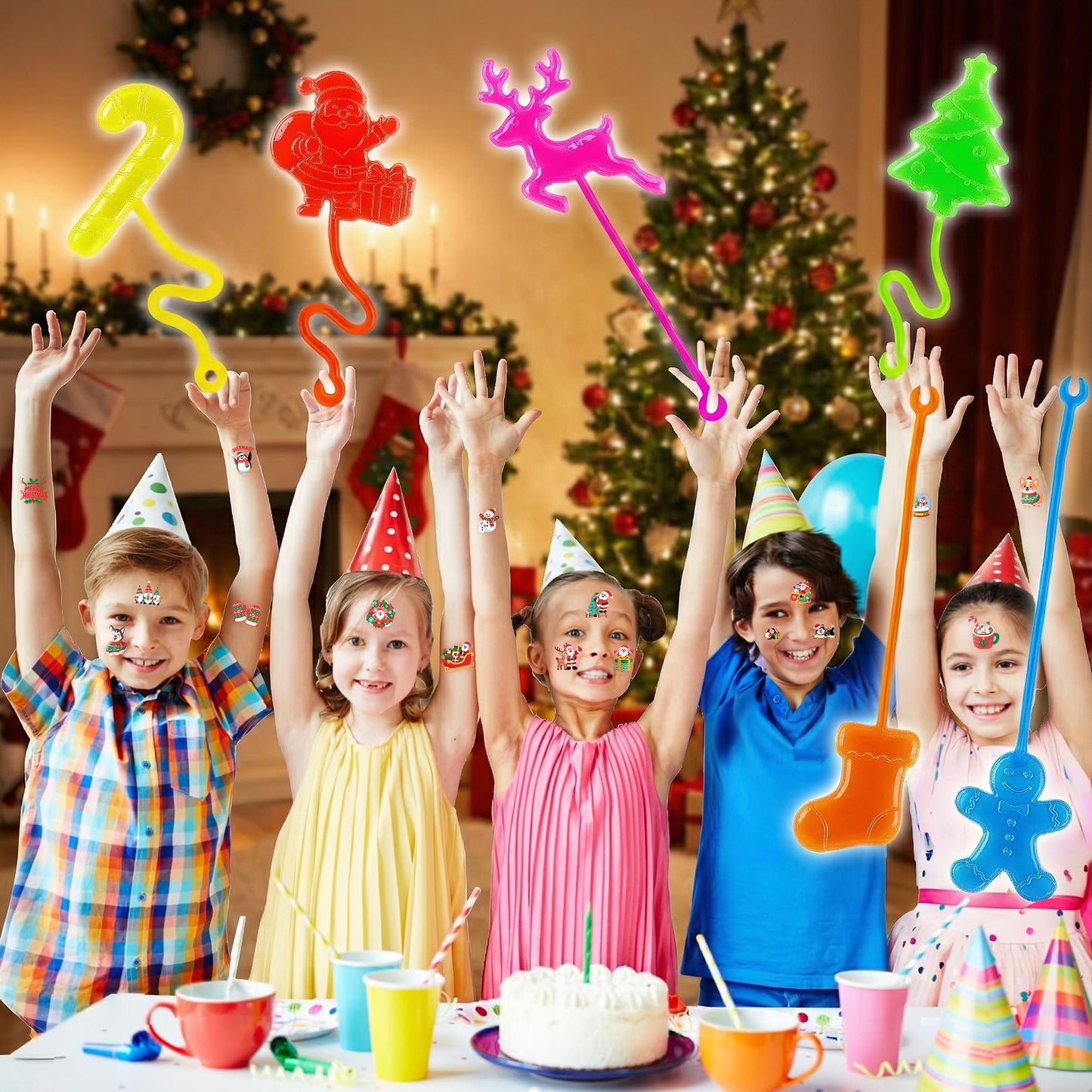 48PCS Christmas Party Favors - 24PCS Temporary Tattoos & 24PCS Stick Hands - Perfect Birthday Party Supplies, Goodie Bag Stuffers, Treasure Box Toys, Classroom Prizes, and Student Gifts