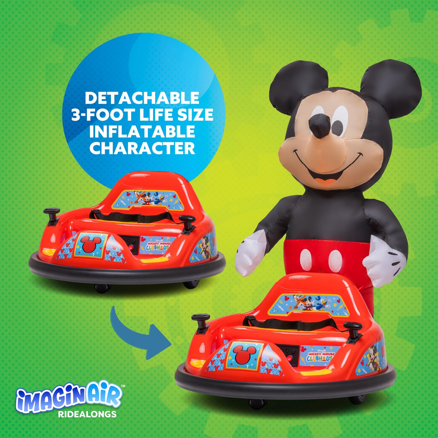 ImaginAir 6V Mickey Mouse Toys Toddler Bumper Car - Ride On Toddler Toy, Kids Electric Bumper Car, Auto-Inflated, Parent Remote Control, LED Light, 360° Spins, 1 MPH, Max Weight 66lbs, Age 1.5-4yrs