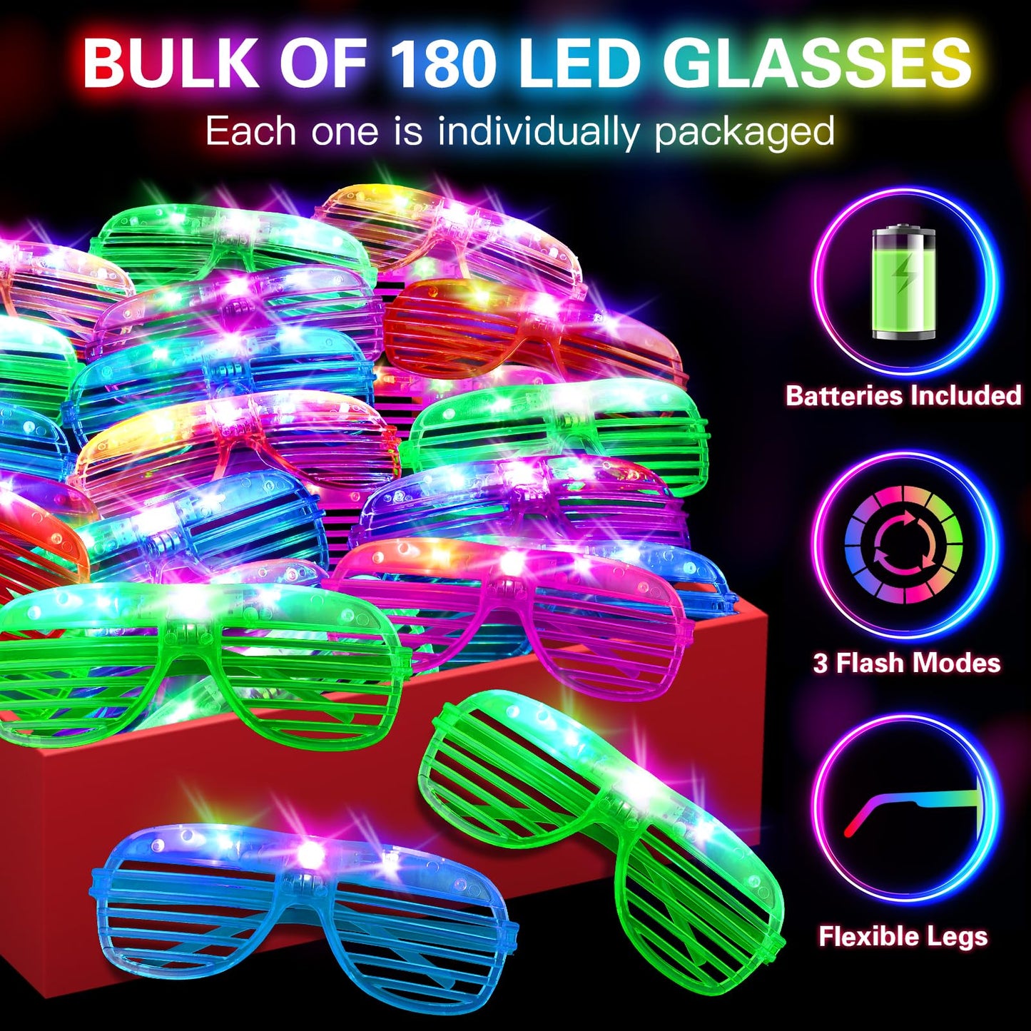 HONLYNE 180 PCS Light Up Glasses, Glow In The Dark Party Supplies, LED Glasses, Neon Flashing Glasses Bulk for Kids and Adults, Glow Glasses for Glow Party, Wedding, Birthday, Halloween, Rave Carnival