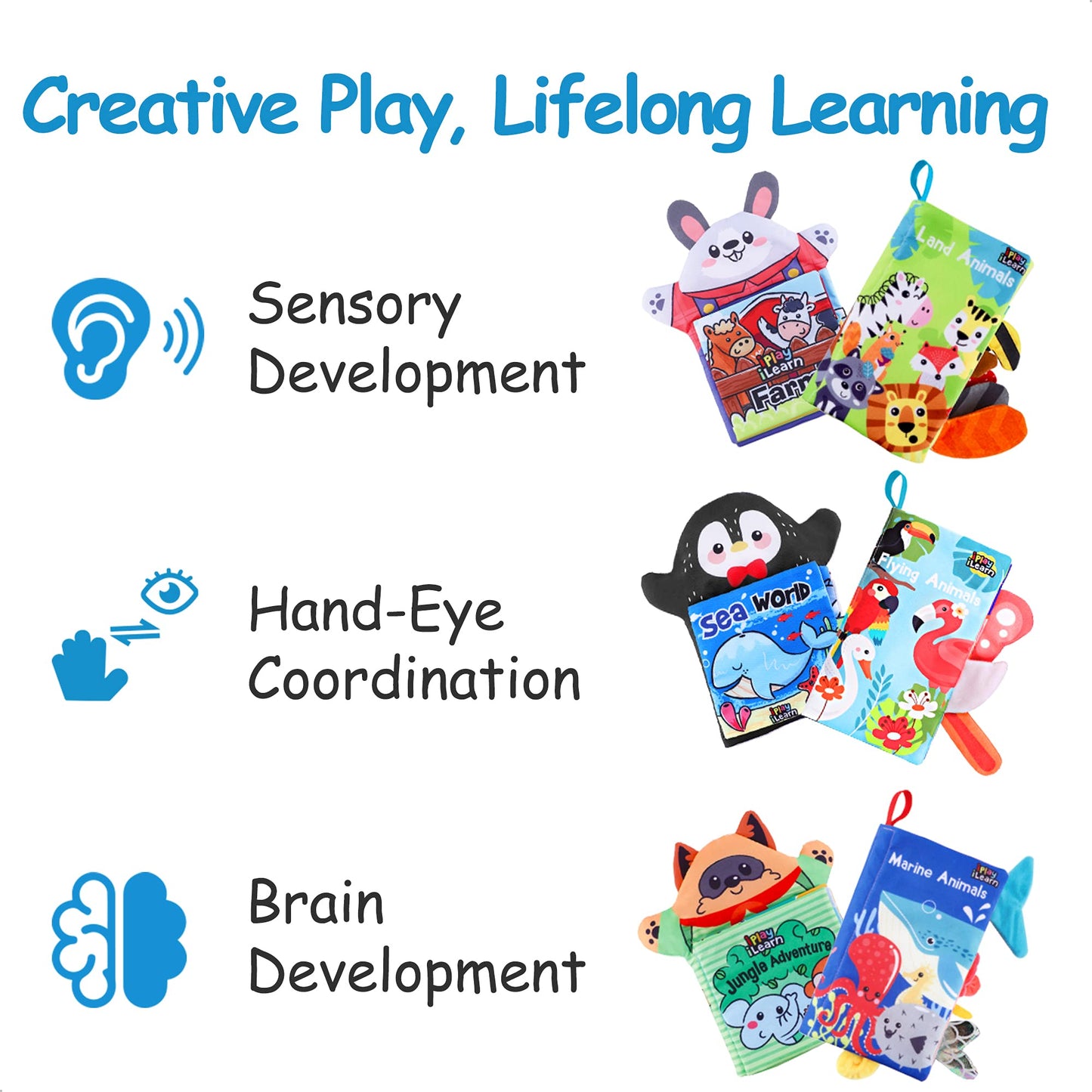 iPlay, iLearn Soft Baby Books 1 Year Old, Babies Animal Cloth Book 6-12 Month, Infant Touch Feel Crinkle Book, Toddler Carseat Crib Bedtime Toy Newborn Birthday Stocking Gift 9 18M 2 3 Yr Kid Boy Girl