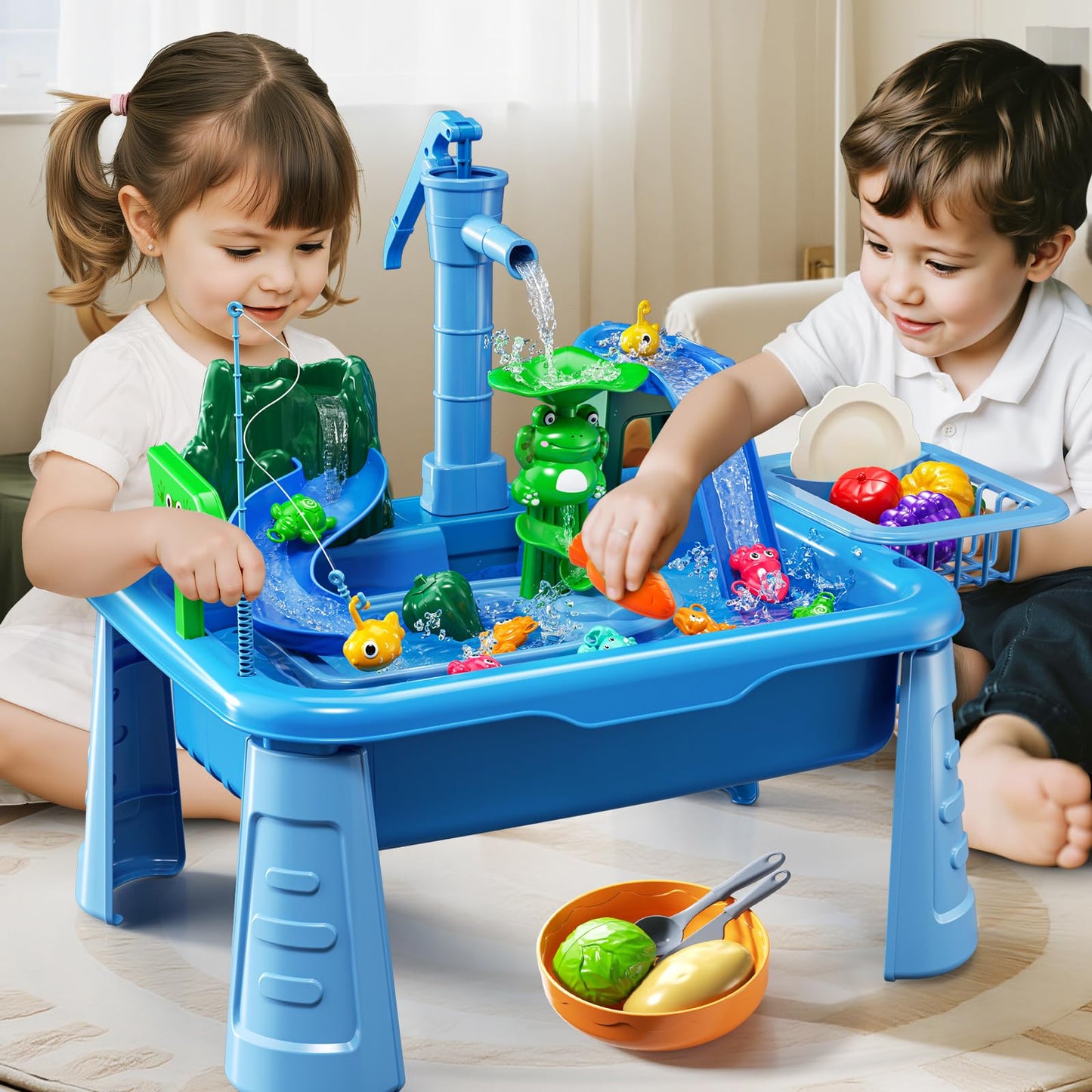 KIZONLY Water Table for Toddlers 1-3- Kids Play Sink with Pump and Running Water, Water Table for Kids Ages 4-8 with Fishing Games, Summer Outside Sensory Gift Toys for Boys and Girls 2 3 4 5 6 7 8