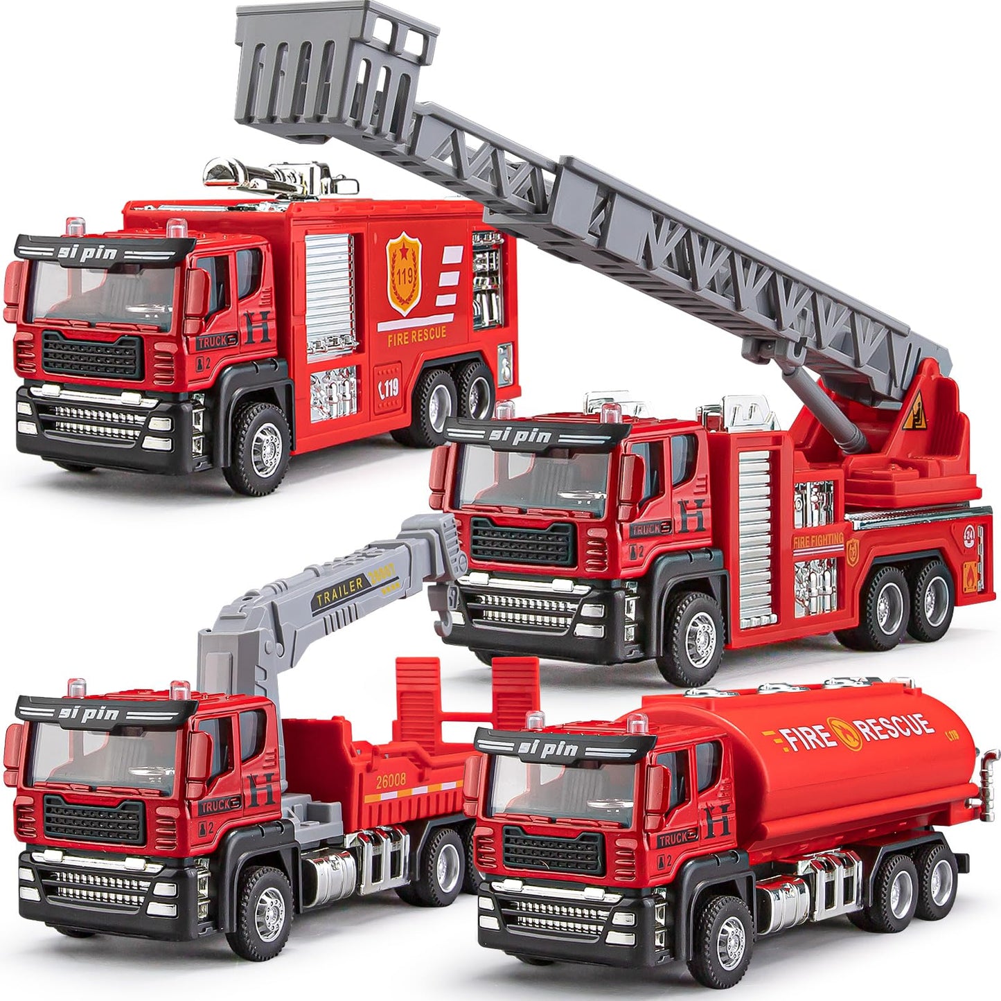 TAKGUD 4 Packs Metal Fire Trucks Playsets, Mini Friction Powered Vehicle, Including Fire Engine, Ladder Truck, Die-cast Tank, Tow, Realistic Design for Toddlers Boys, Kids Aged 3+ Years Old