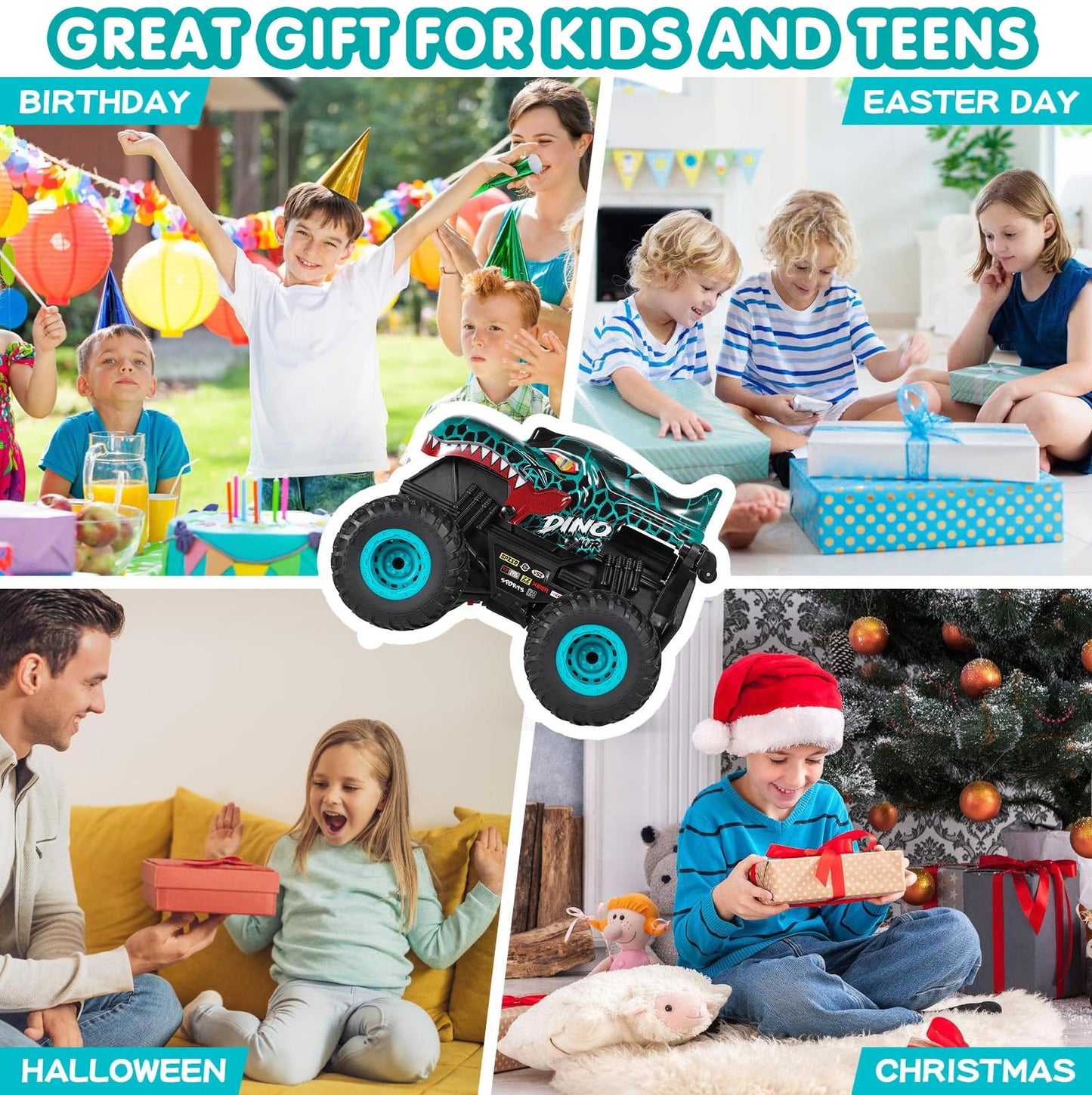 DYODYORC Remote Control Car, 2.4Ghz All Terrain Dinosaur Monster Truck Toys, RC Truck with Music, 3 Lighting Effects, 360 Stunt Capable, 2 Batteries Ready to Run, Toy Gifts for Boys and Girls (Cyan)