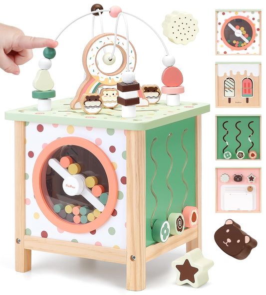 PairPear Wooden Activity Cube Montessori Toys Wooden Play Cube Activity Center Baby Busy Board Multifunctional Early Educational Development Toys Sensory Gifts for Toddlers Girls Boys 1 2 3 Year Old