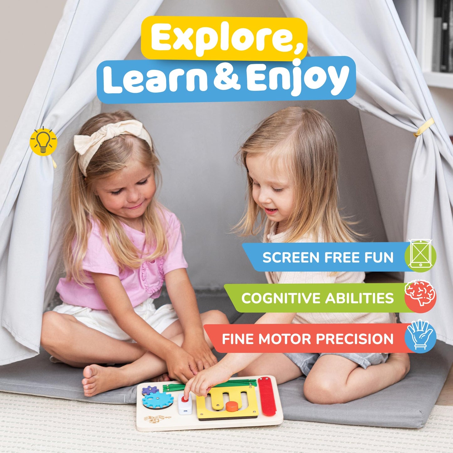 deMoca Sensory Busy Board for 1 Year Old, Travel Wooden Montessori Busy Board for Toddlers 1–3, Switch and Fidget Activity Board for Early Motor Skills and Travel Play
