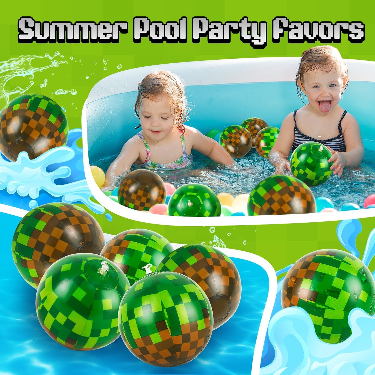 ZSMKJIAYE 12 Pack Pixel Themed Beach Balls - 6 Inches Green and Brown Inflatable Floating Balls for Birthday Party Decorations, Summer Pool and Beach Game, and Bulk Birthday Party Favors