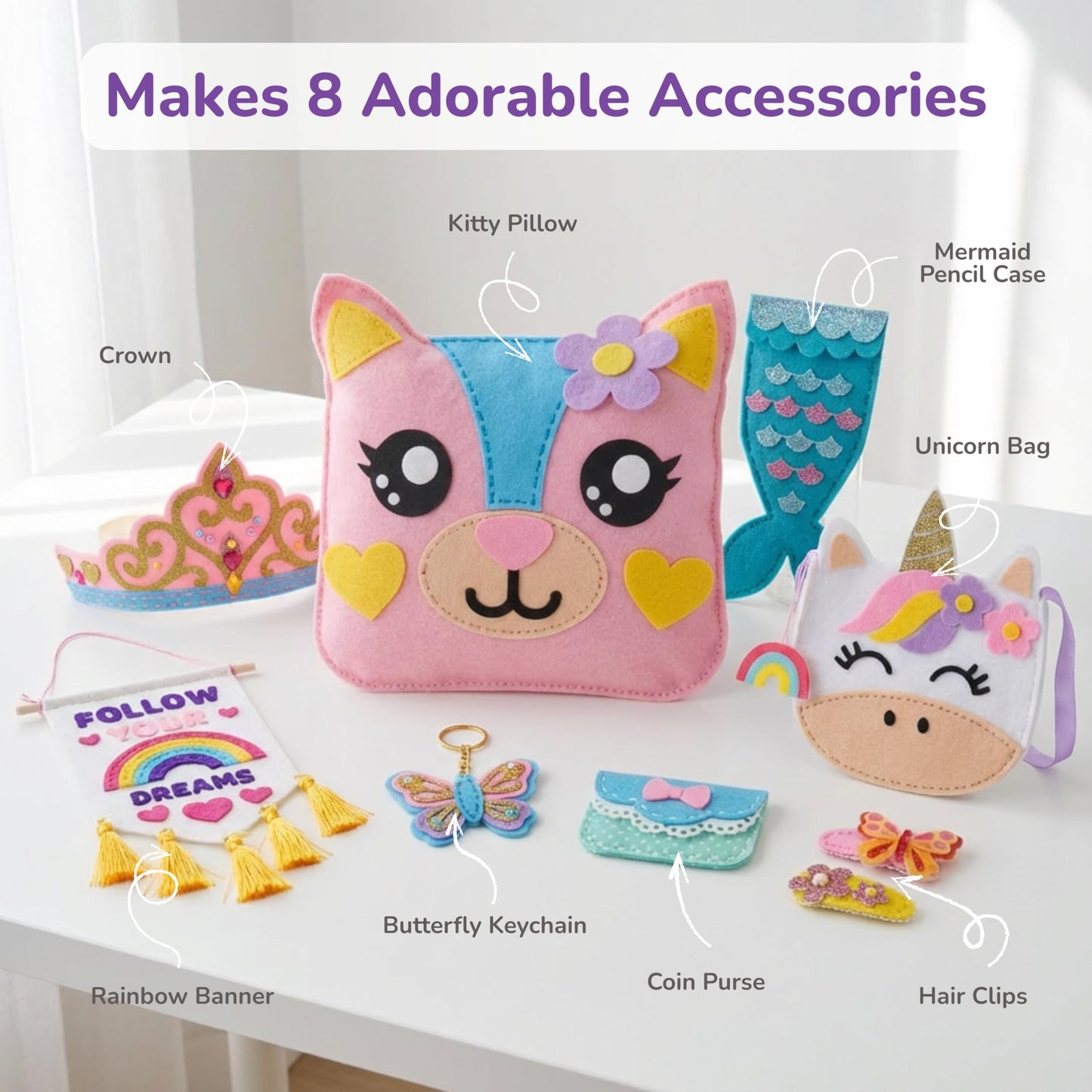Kids Sewing Kit for Beginners Ages 6-12, Cute Felt Craft Projects with Easy Step by Step Instructions, My First Sewing Kit for Girls and Boys with Pre-Cut Shapes, Educational Learning Activity