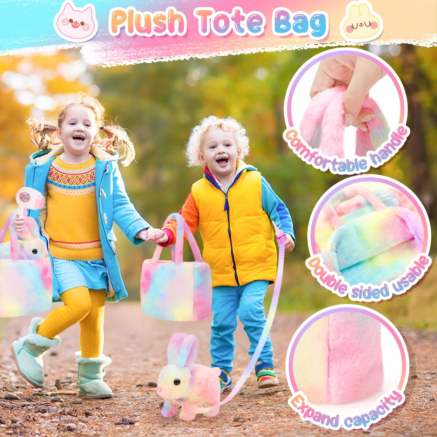 NINAOR Plush Interactive Bunny Toys for Kids with Tote Bags,Stuffed Robot Pet Rabbit with Leash Hopping Wiggle Ears Pretend Play,Realistic Cute Fidget Toys for Toddler Stocking Stuffers Birthday Gifts