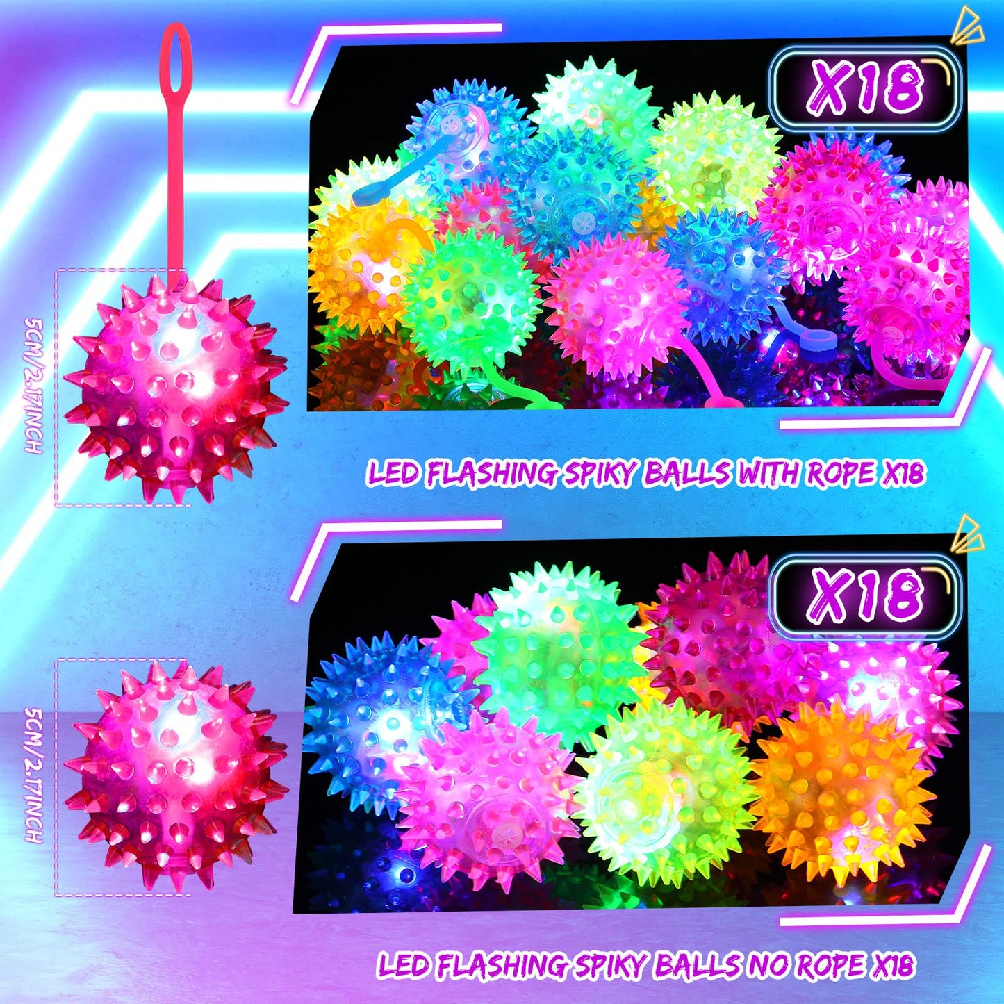 Leitee 36 Pieces Bouncy Balls Party Favor for Kid Light up LED Ball Bulk Glow in The Dark LED Flashing Light Spiky Toy on Rope Sensory Stress Relief Fidget Toy Rubber for Teen Adult Student