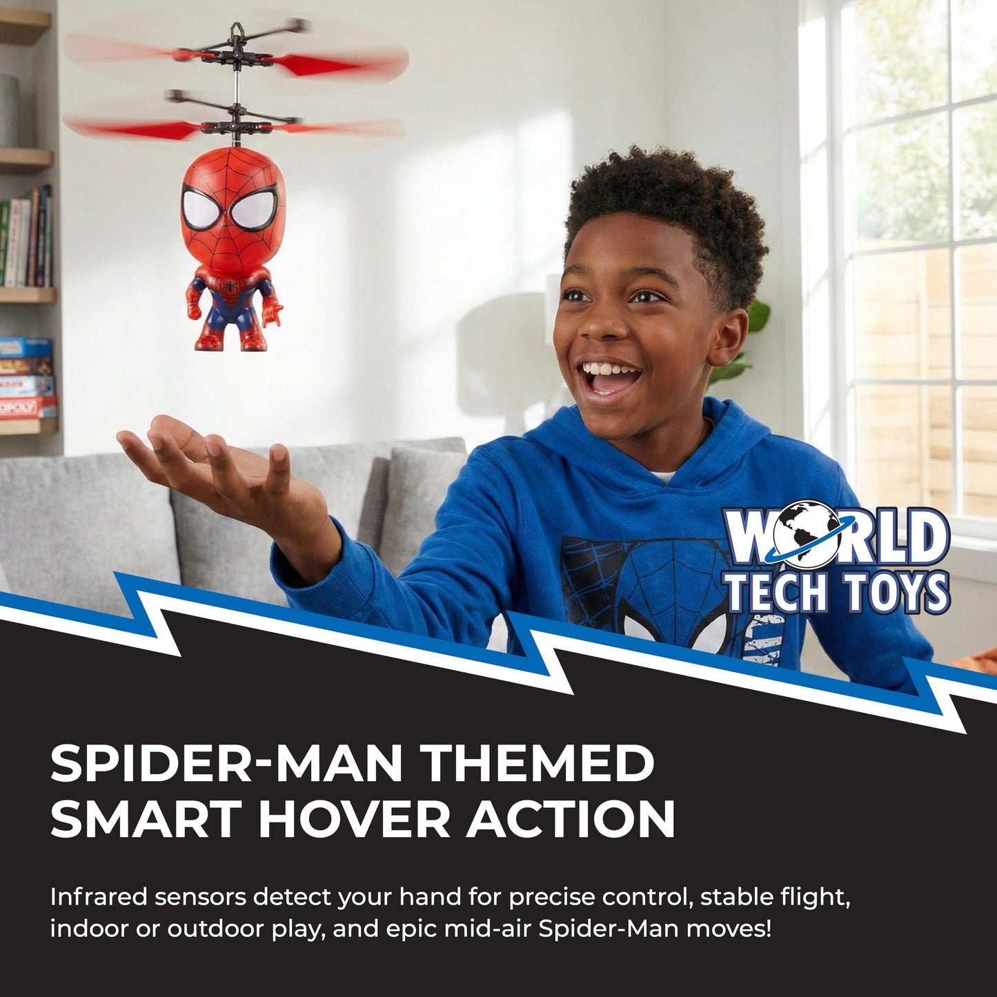 World Tech Toys Marvel Spider-Man Big Head Helicopter Toy – Motion Sensored Flying Toy for Kids - Marvel Licensed - Kids 6+