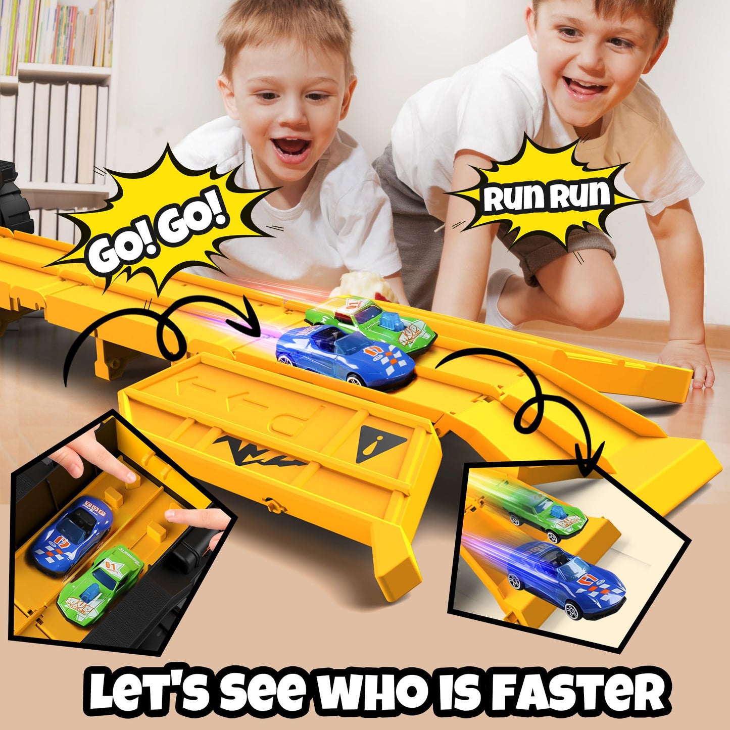 Construction Toy Truck with Race Track Launcher, 2-in-1 Storage Dump Truck and Excavator Playset with 10 Mini Cars, Racing Track Toys for Kids Ages 3-8, Birthday Gift for Boys Girls
