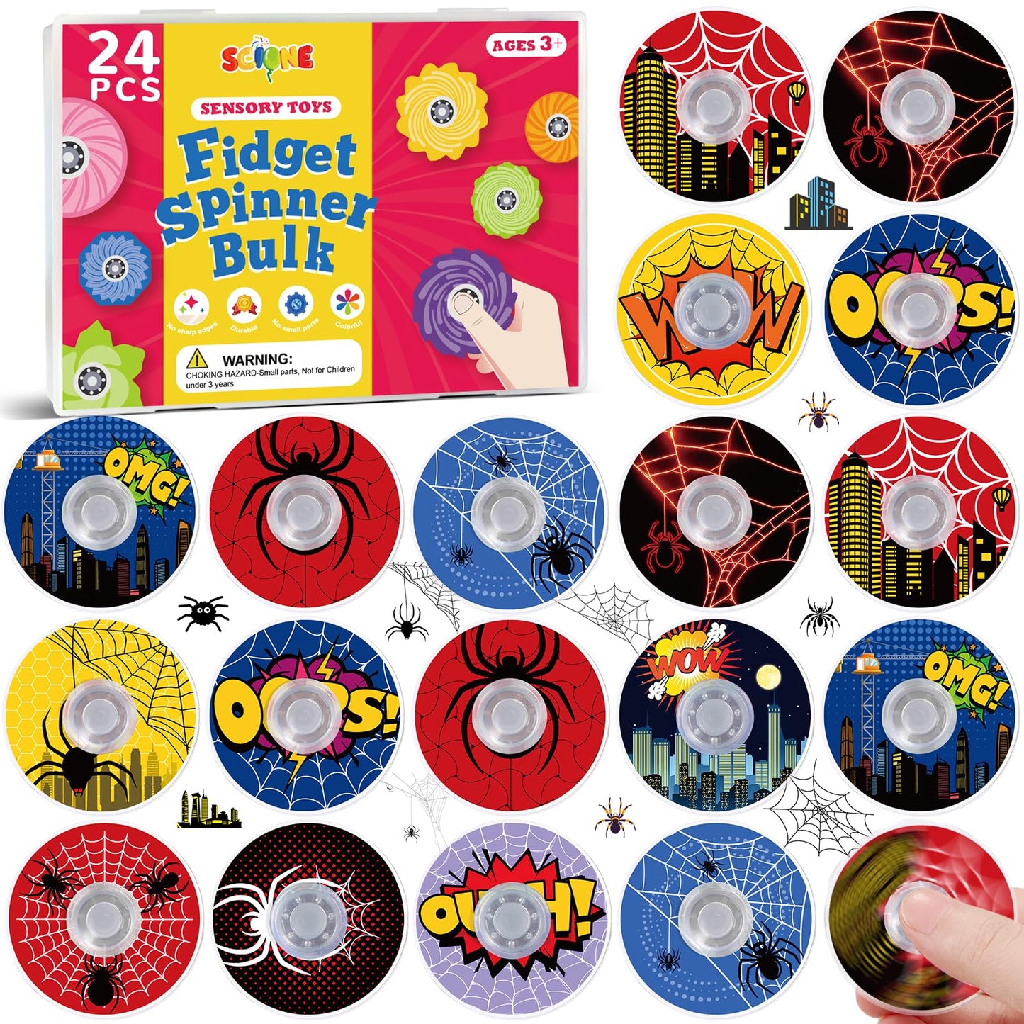 SCIONE 24Pack Spider Theme Fidget Spinner Toys for Kids, Hero Theme Birthday Party Favors,Goodie Bags Stuffers,Treasure Box Toy Classroom Prizes,Pinata Stuffers for Boys Movie Fans