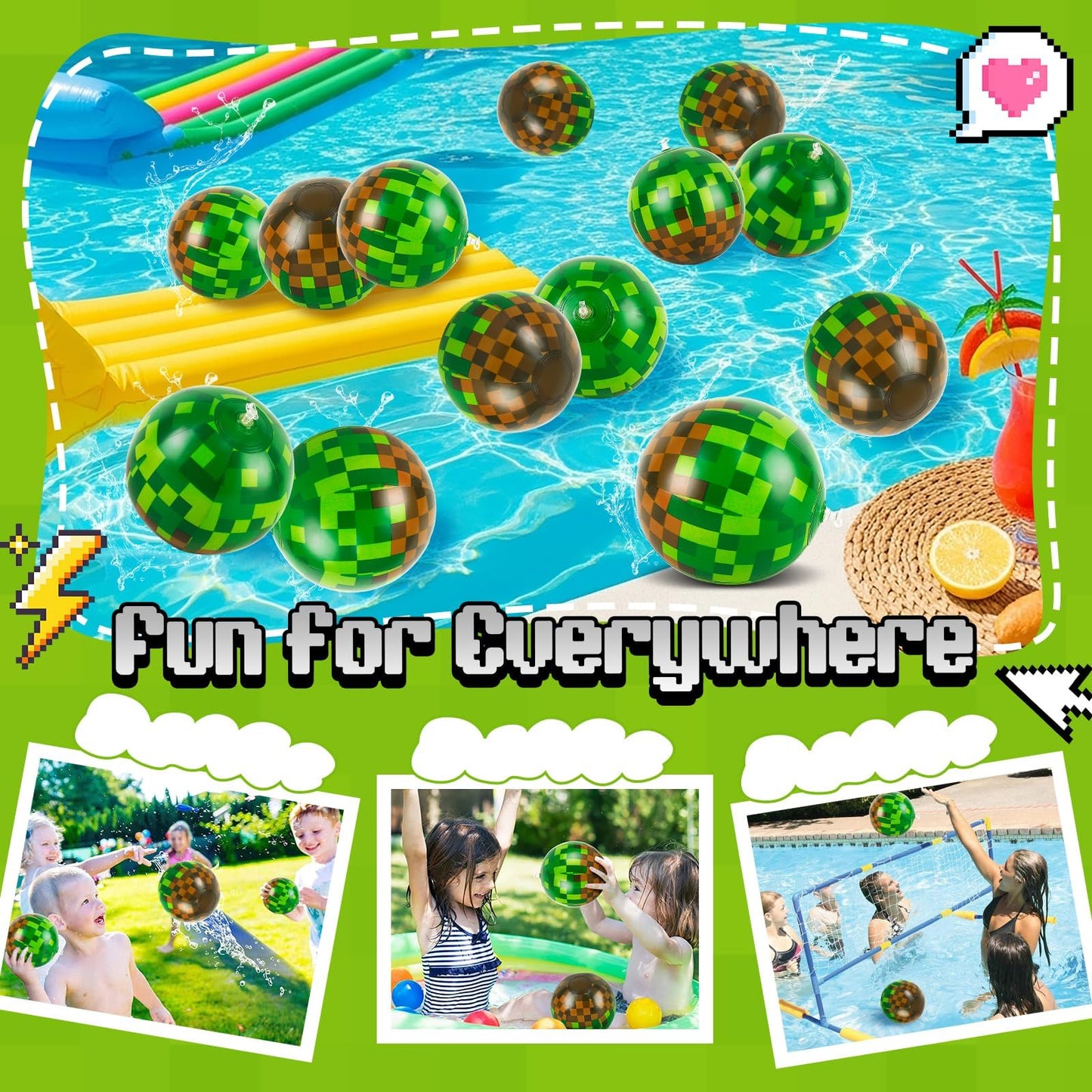 ZSMKJIAYE 12 Pack Pixel Themed Beach Balls - 6 Inches Green and Brown Inflatable Floating Balls for Birthday Party Decorations, Summer Pool and Beach Game, and Bulk Birthday Party Favors