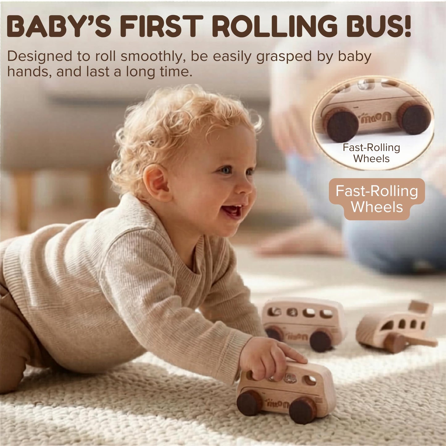 MINYMOON Wooden Toys for 1 Year Old – Montessori Baby Toy Set with Bus, Airplane & Boat – Minimalist Nursery Decor & Teething Safe Infant Toys for Boys and Girls – 3 Piece Ergo-Fit Toddler Car Set