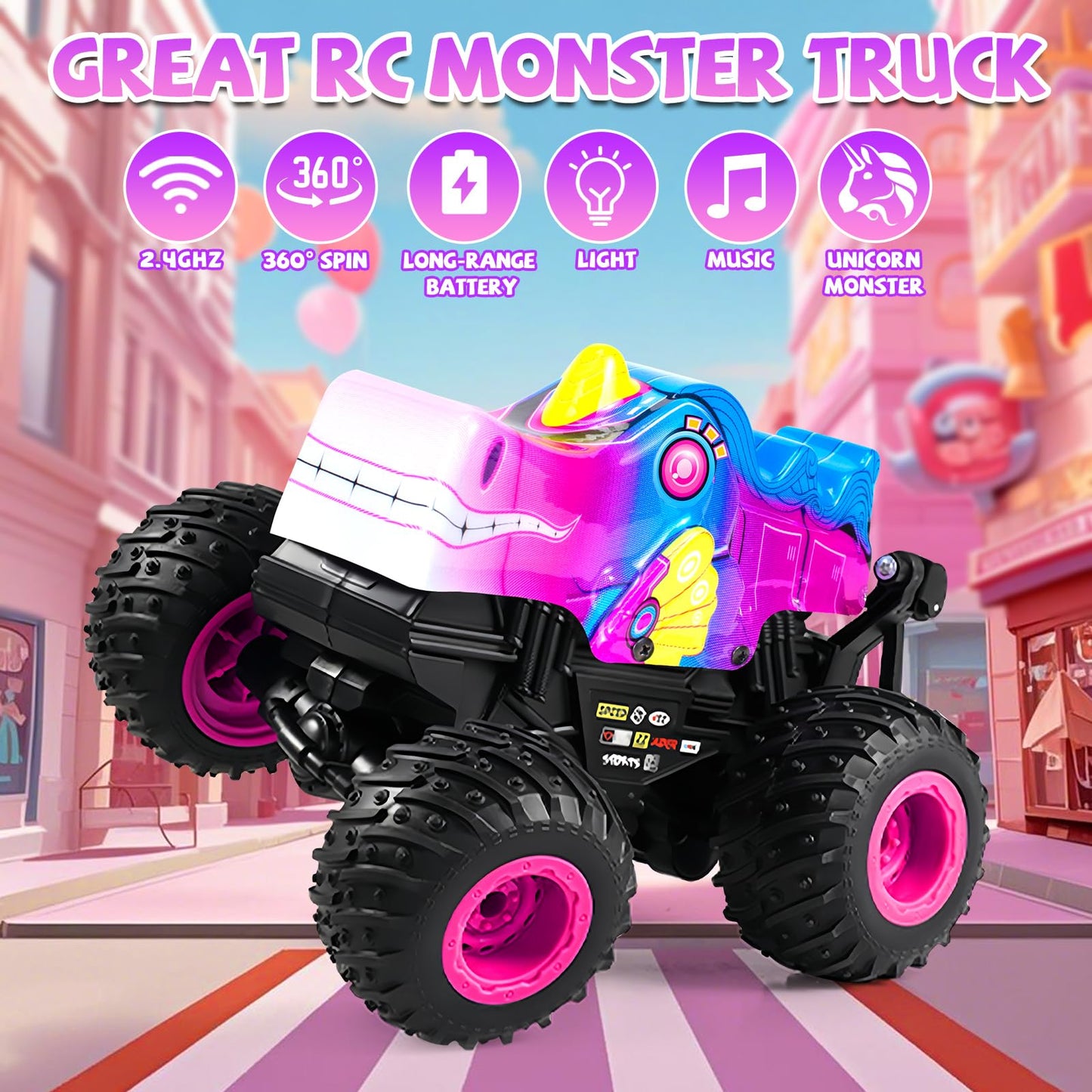 YongnKids Remote Control Car for Girls, 2.4Ghz Unicorn Monster Trucks with Light & Music,Unicorn Toys for Girls Age 3 4 5 6 7 8 Years, 360° Rotating All Terrain RC Stunt Car Rechargeable Xmas Gift