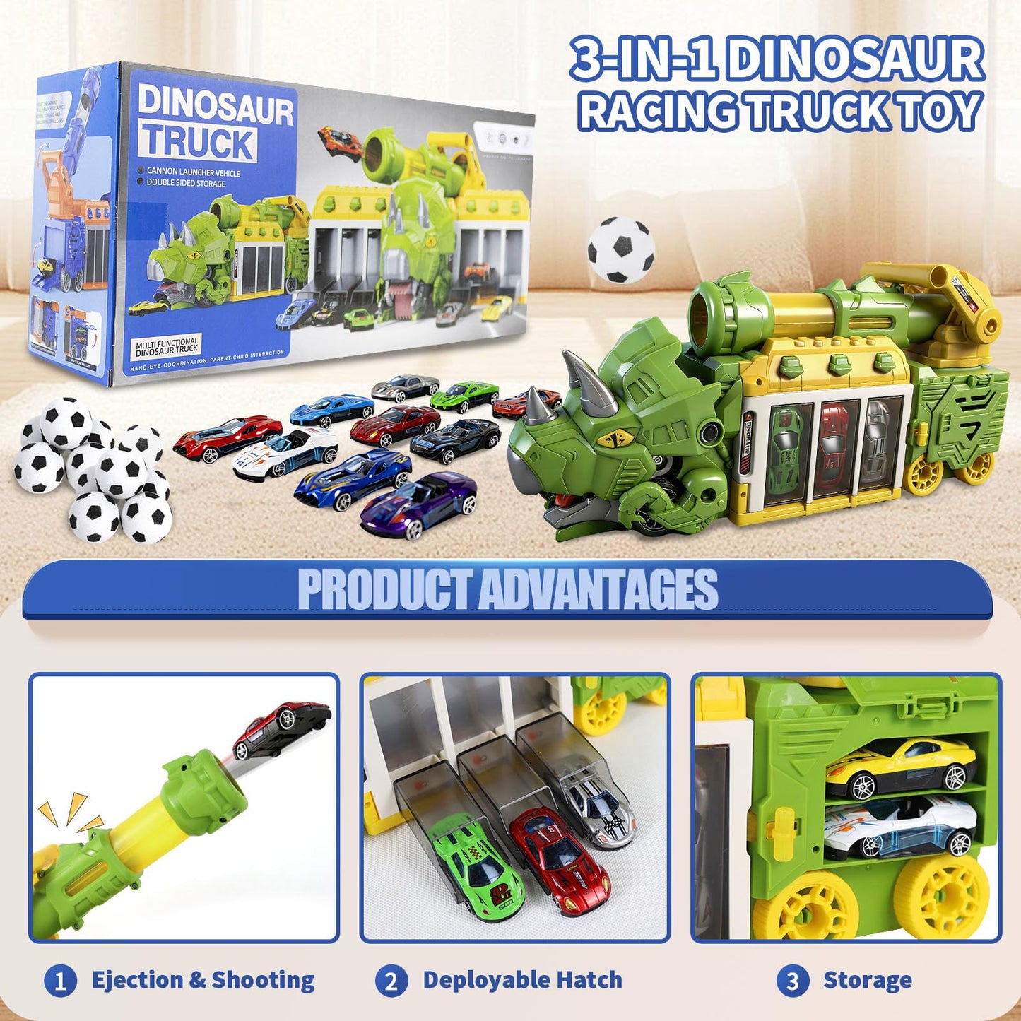 BYFWH Dinosaur Truck Toy Cars for Kids 3-8, Foldable Triceratops Car Toys with Storage Bay, Eejection & Shooting Dino Trucks Boy Toy with 12 Foam Ball, 10 Mini Cars, Best Gift for Kid 3 4 5 6 7 8 9