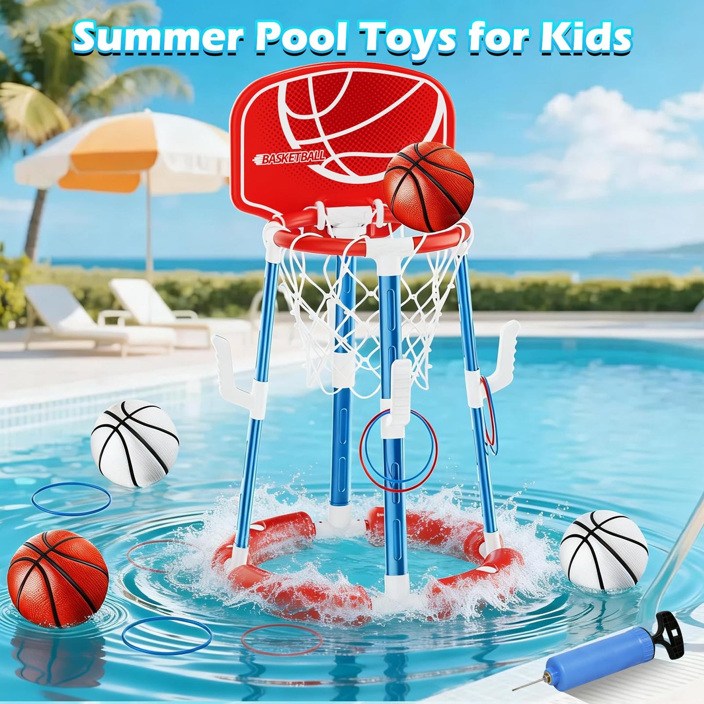 Pool Basketball Hoop with Backboard, Floating Pool Toys for 3-12 Years Old Kids Ring Game with 4 Balls 8 Rings & Pump Outdoor Swimming Pool Basketball Games Water Play Toy Family Party for Kids Adults