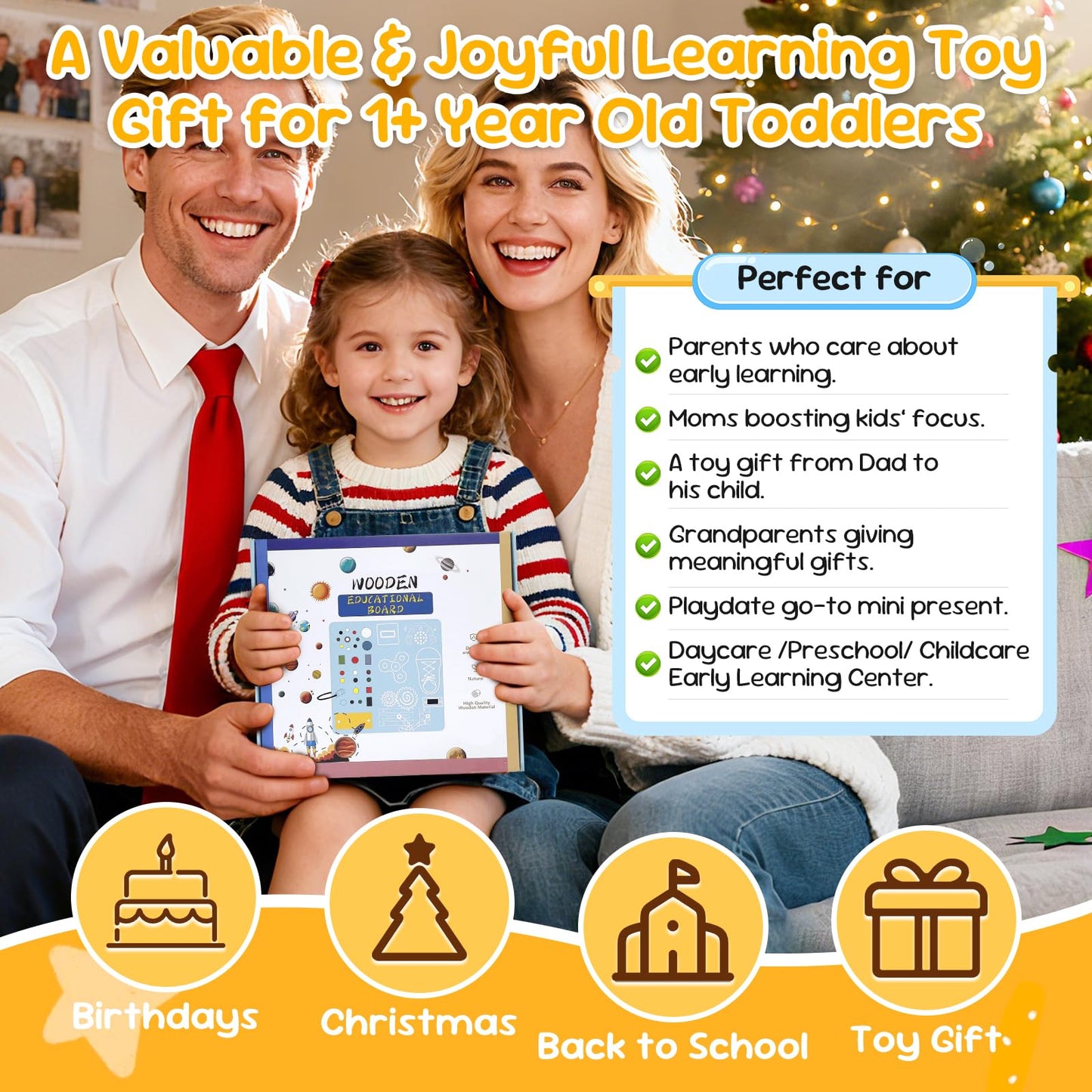 Wooden Busy Board with LED Light，Montessori Baby Learning Toys for Toddlers , Sensory Activity Board , Travel Educational Toy Boy & Girl Birthday Gift (Black Handle)
