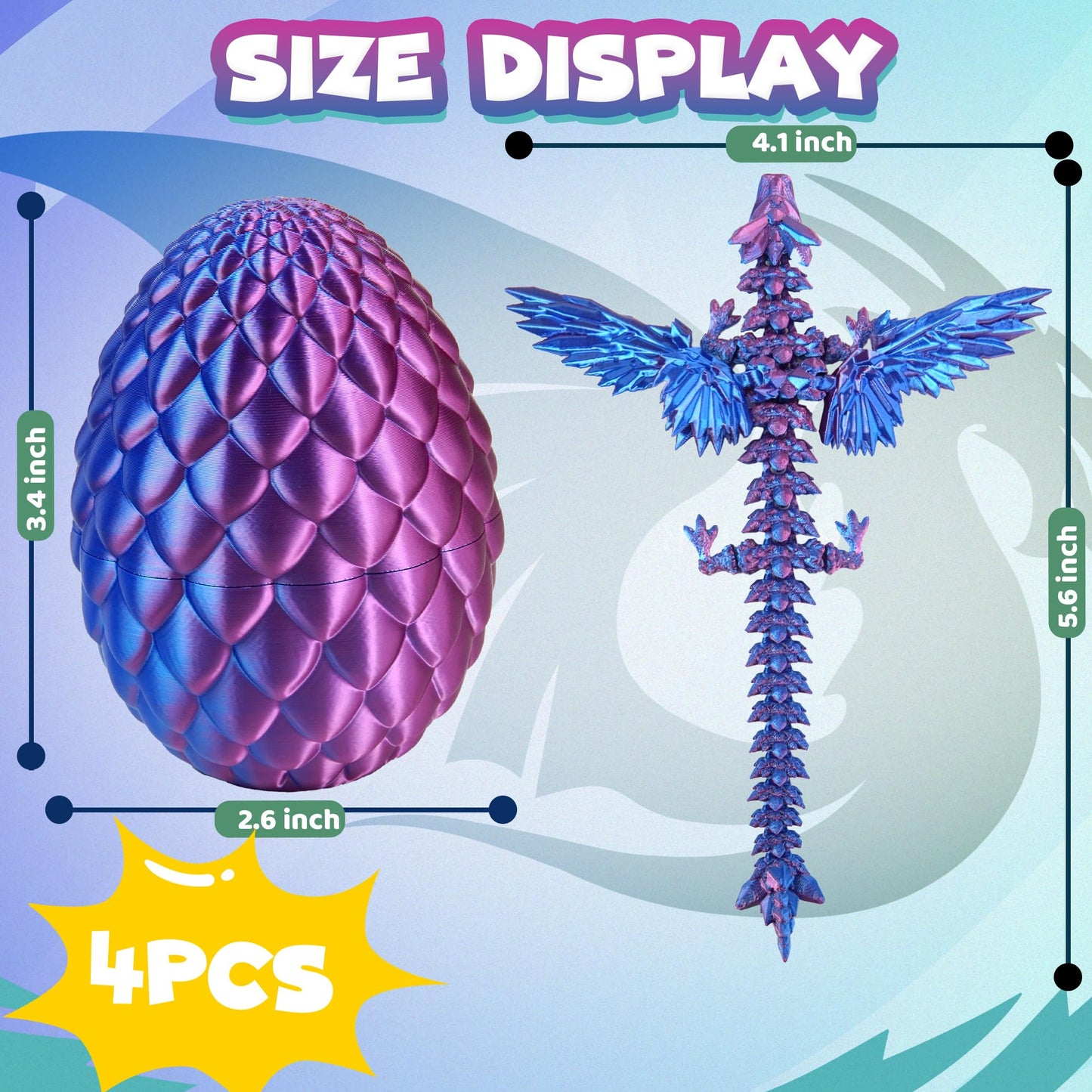 4PC 3D Printed Dragon Eggs with Wings for Teen Boys Fidget Classroom Treasure Box for Kids Goodie Bag Fillers Winged Dragon Dinosaur Eggs Toy Office Desk Decor for Adult Easter Basket Stuffers Gifts
