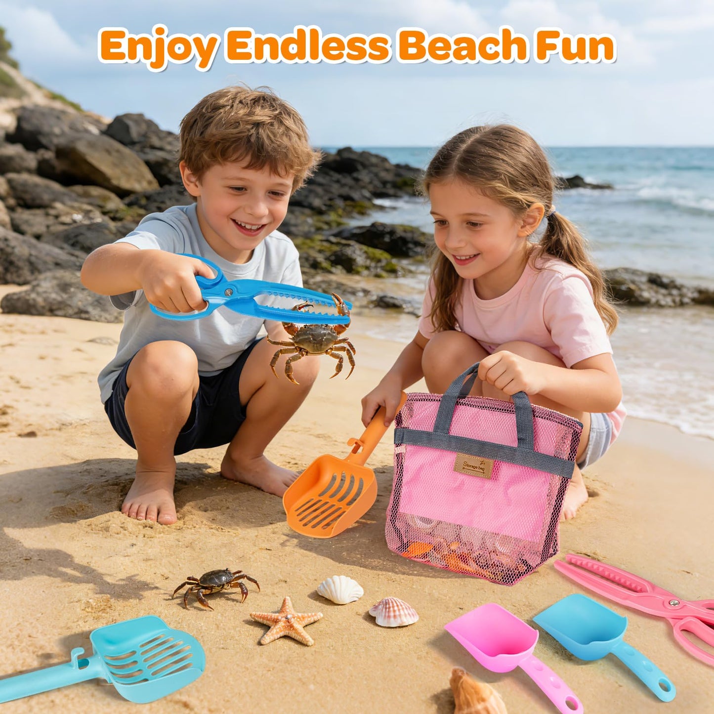 Beach Sand Toy Kids Age 4-8 Sandbox Kits with Mesh Shell Bags, Shovels, Claw Tongs for Shark Teeth Beach Essential Travel Summer Baby Toys for Toddlers Boys & Girls 3 4 5 6（2 Packs）