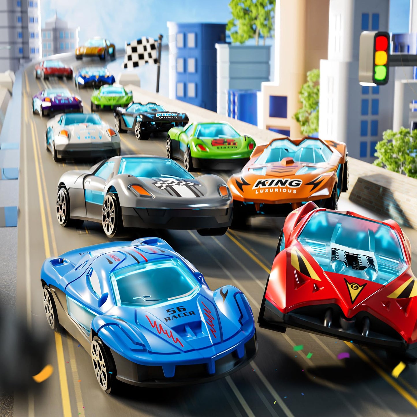 GOGIHCCH 3-in-1 Kids Carrier Truck Toy Car Tracks for Toddlers 2-4 Years Old with 12 Racing Cars Toys, Foldable Chasing Race Track and Car Garage, Car Ramps Birthday Gift for Boys Girls 3-5 4-8(Blue)