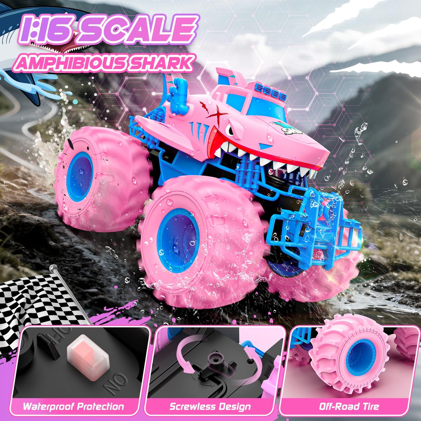 Salazaza Waterproof Shark Remote Control Car, 1:16 Amphibious RC Cars 4WD All Terrain Off Road Monster Trucks Toys, RC Truck Toys for Kids 3-5 6-8 8-12 Year Old Girl Birthday Gift, Pink