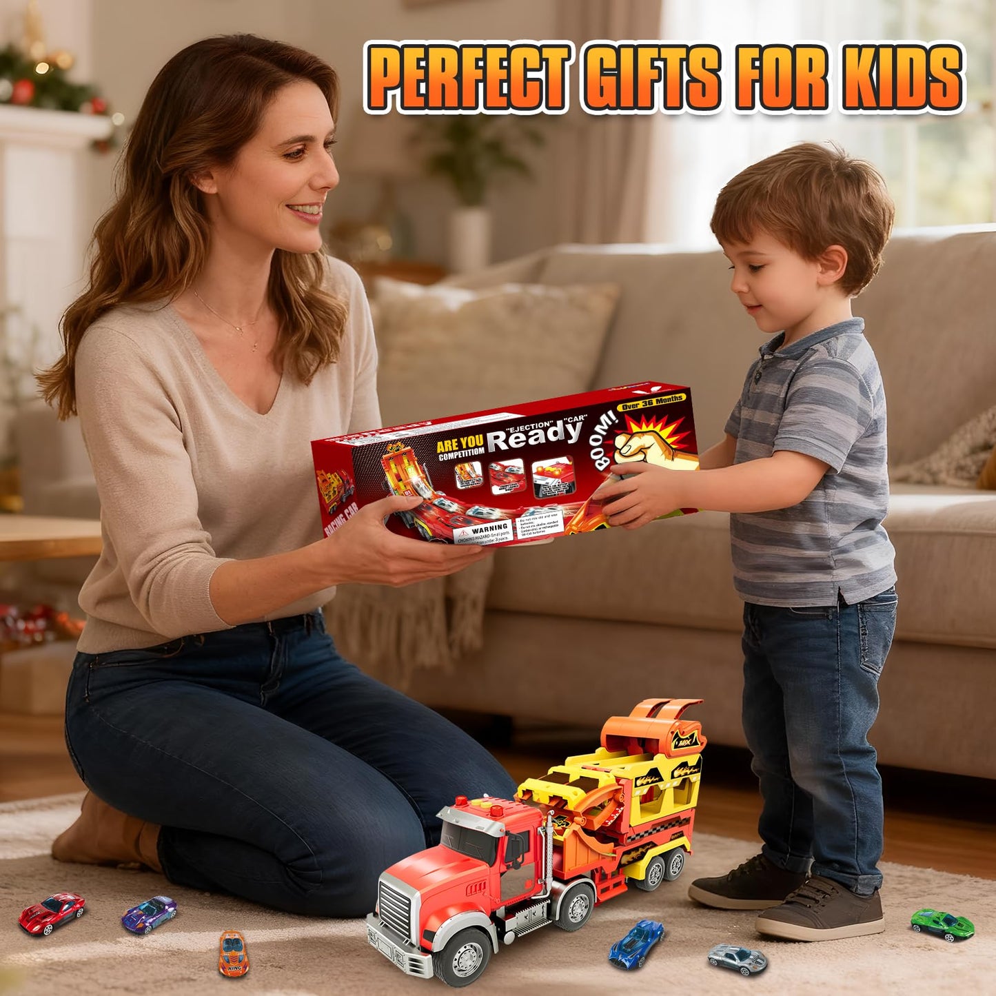 Truck Car Toys for 3, 4, 5, 6, 7, 8 Years Old Kids, Carrier Truck Race Track Toys, Foldable Transport Car Toys with Foldable Race Tracks and 6 Metal Cars, Birthday Gifts for Toddler Boys Girls (Red)