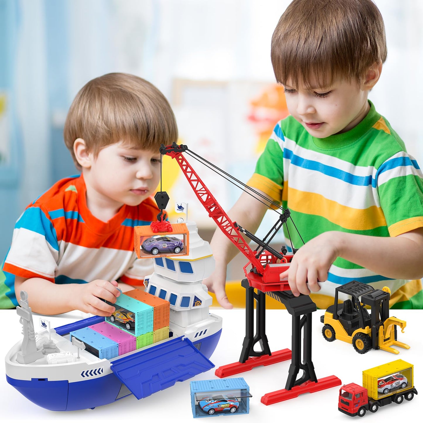 CUTE STONE 2-in-1 Toy Boat & Tower Crane Playset, Cargo Ship with Lights/Sounds | Push-Go Transport Ship & Construction Vehicle Toys, Interactive Carrier Boat for Kids Boys Girls