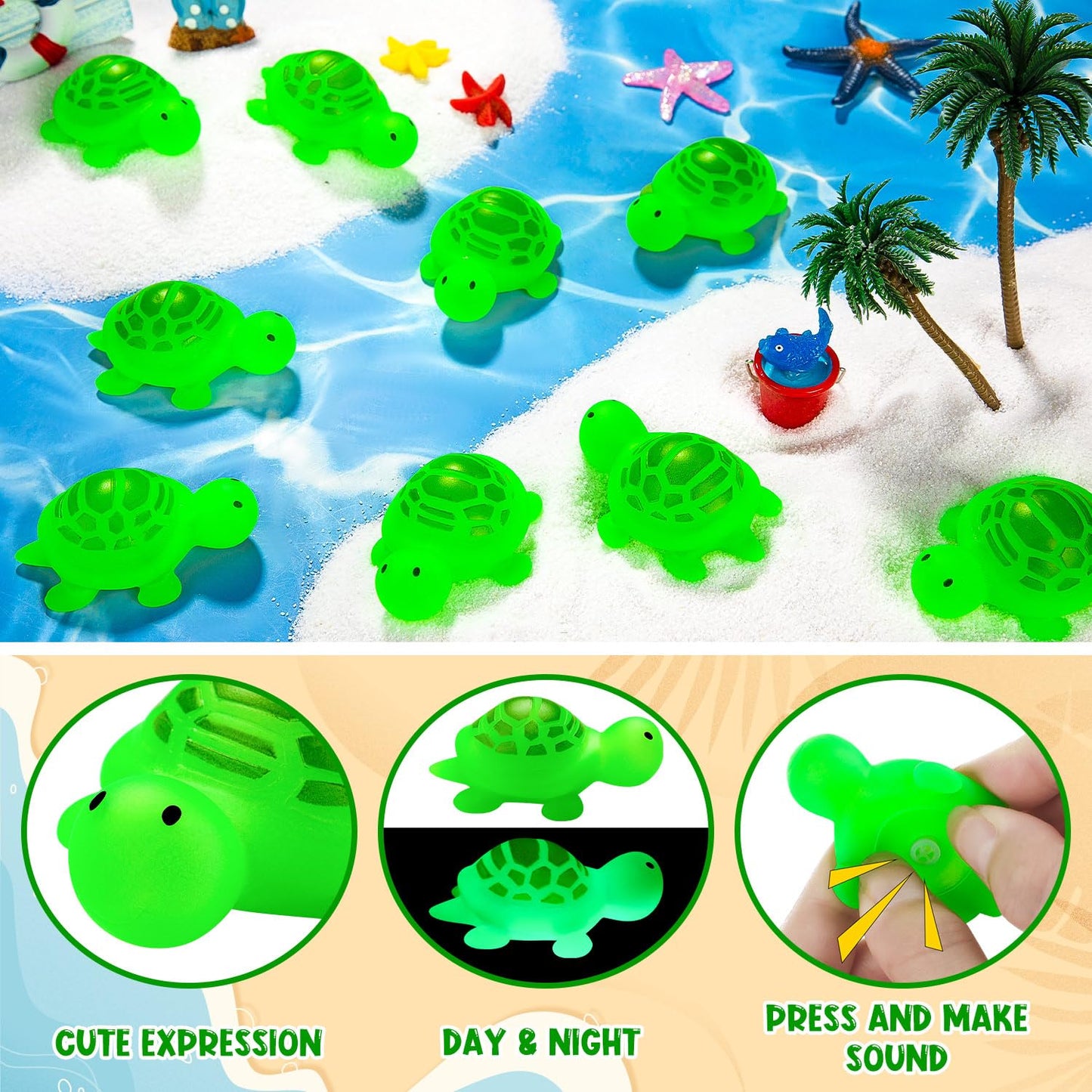 25PCS Rubber Turtle Bath Toys Glow in The Dark Green Floating Squeaky Sea Turtle Rubbe Toys, Cute Screaming Sound Rubber Turtle Bulk for Bath Shower Swimming Pool Birthday Beach Decor