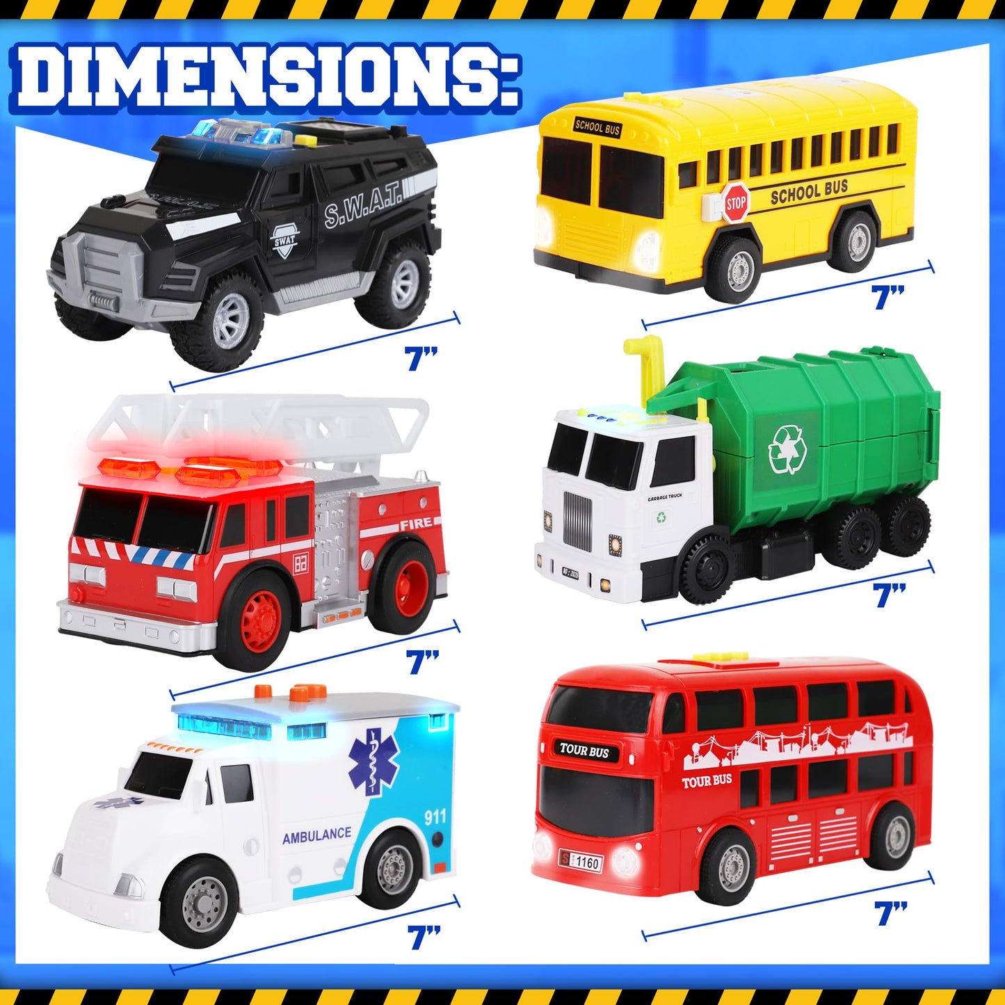 Playkidiz Toy Cars for Toddlers - 6Pcs Pull Back Cars Toys with Light and Sounds, City and emergency vehicles set, Including Police Car, Fire Truck, Ambulance, School bus, Tour Bus, Garbage Truck