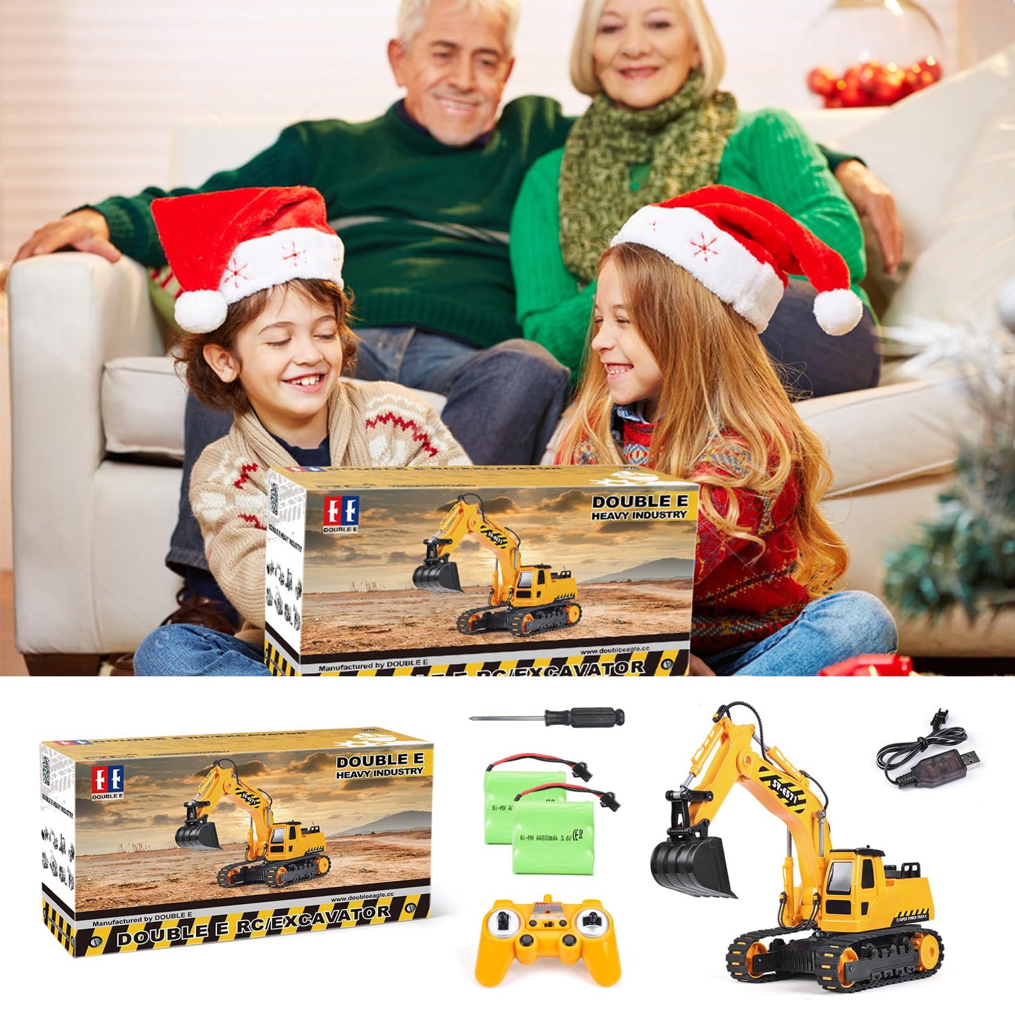 DOUBLE E Remote Control Excavator Toy, 2*Batteries 2.4GHz RC Excavator, 6-in-1 Digging/360° Rotation, 20M Range Sandbox Construction Toys Birthday Gift for Boys/Kids 6+ Years