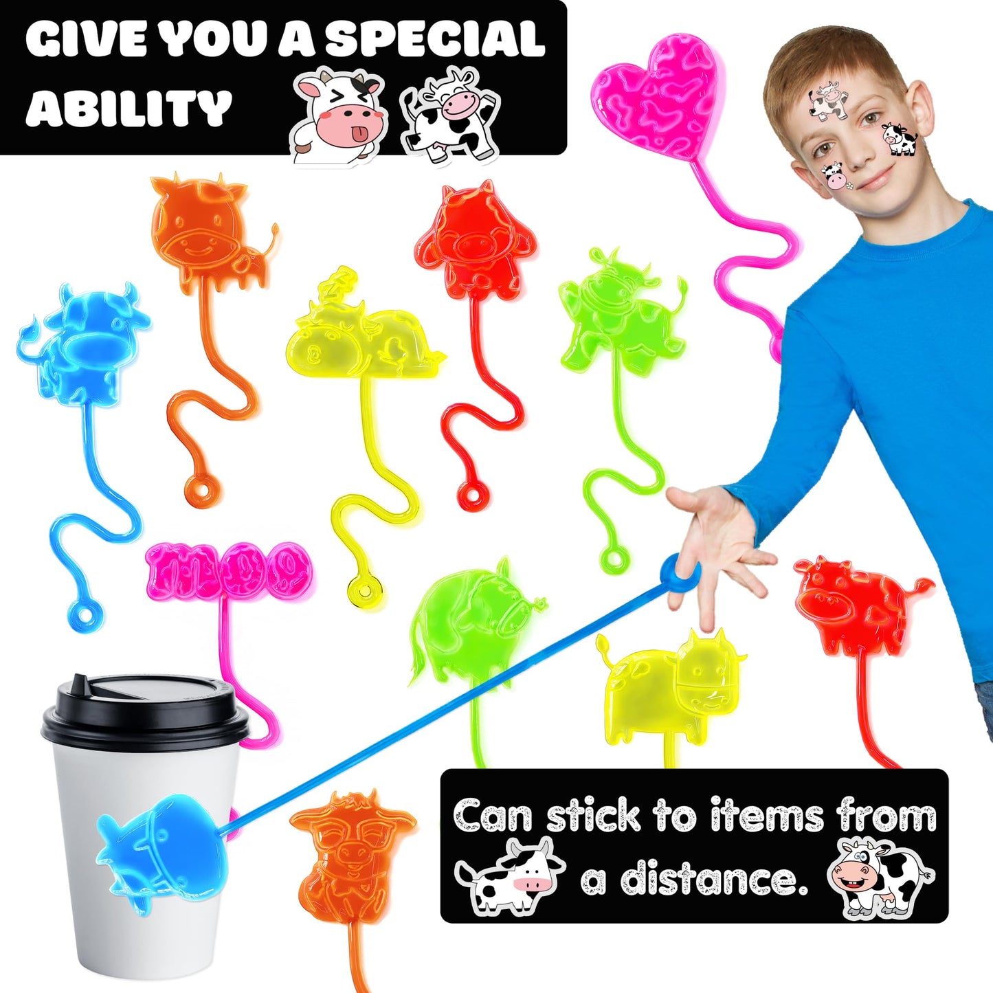 48PCS Cow Party Favors - 24PCS Cow Temporary Tattoos & 24PCS Cow Stick Hands Party Favors - Perfect Birthday Favors, Goodie Bag Stuffers, Treasure Box Toys, Classroom Prizes, and Student Gifts