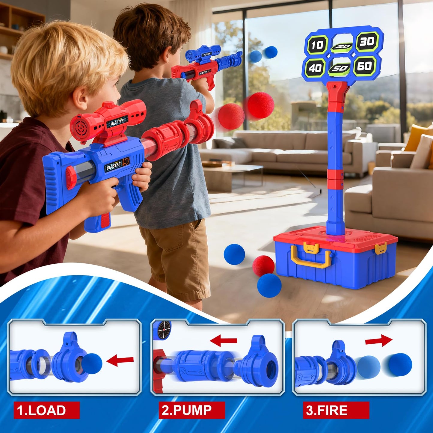 2 IN 1 Shooting Game Toys For 5 6 7 8 Year Old Kids, Moving Standing Shooting Target & 2 PCS Foam Ball Popper Air Toy Guns, 24 Foam Balls, 2 Player Boy Toys For Boy Kids, Gifts for Boys and Girls
