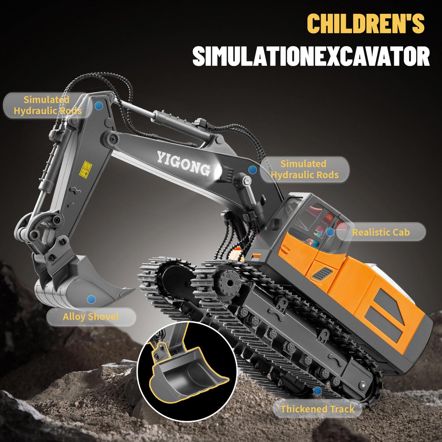 SJYN Remote Control Excavator Toy, 11 Channel RC Construction Digger with Metal Shovel, Lights & Sounds, 2.4GHz Rechargeable All-Terrain Excavator for Kids 3-14, Perfect for Sand, Dirt & Outdoor Play