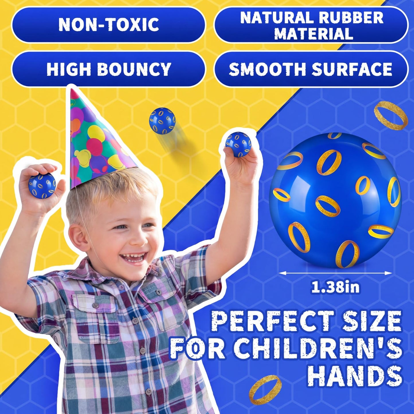 Foilswirl 24 Pcs Blue and Golden Rings Party Favors Bouncy Balls 35mm Blue Gold Ring Bouncing Balls for Kids, Rubber Party Favor Toys for Cartoon Theme Birthday, Bag Fillers, Classroom Prizes