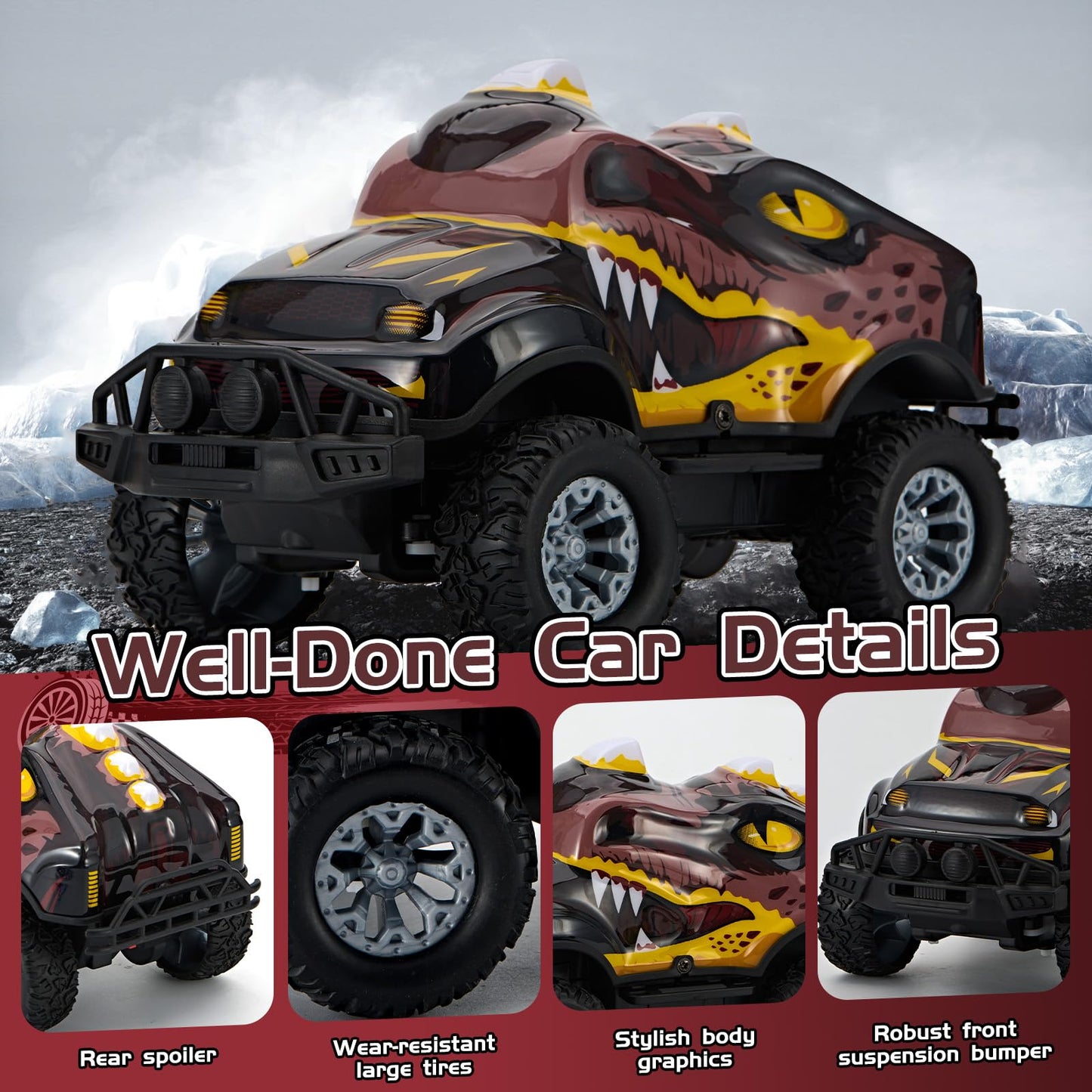 JOYBLI Dinosaur-Shaped Off-Road Vehicle Remote Control Cool Off-Road Vehicle Truck, 2.4GHz RC Car with LED Lights, 1:20Scale, RC Truck, Remote Control car from a Long Distance.Gifts for Boys (Brown)