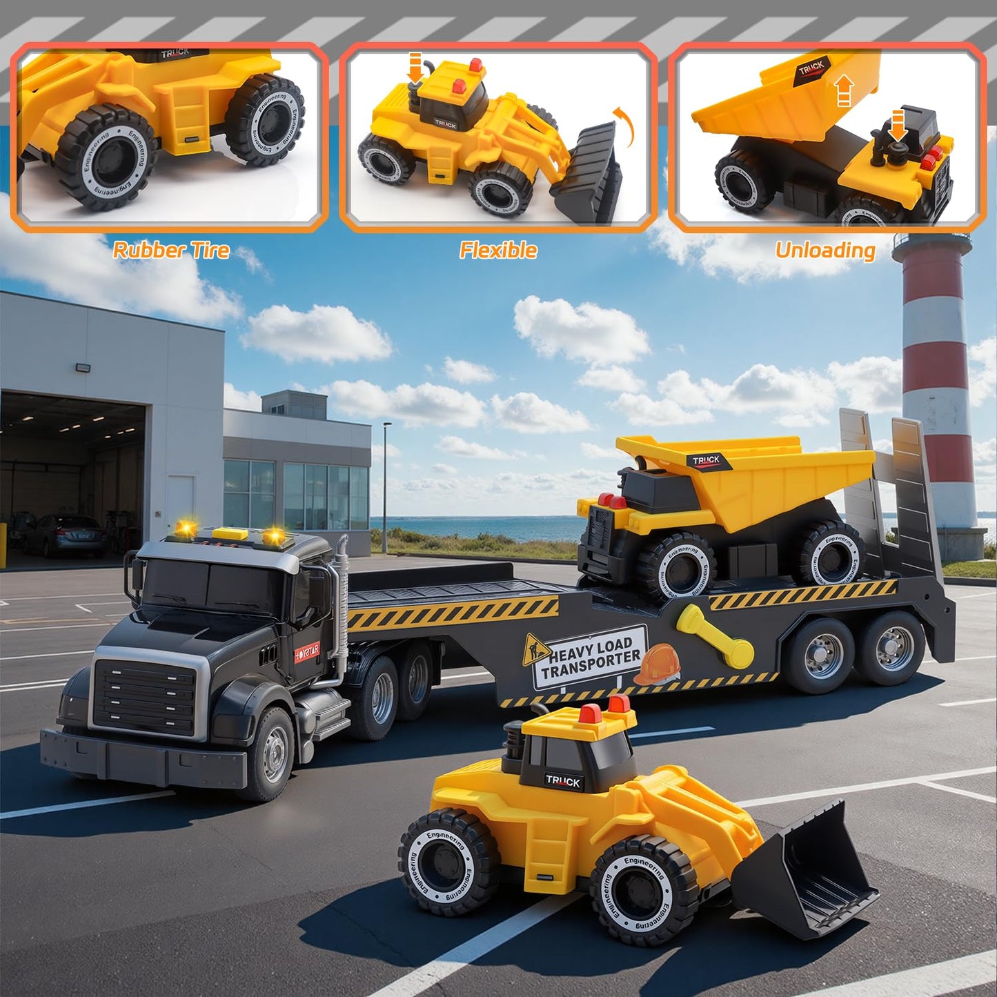 Construction Carrier Truck Toys,21" Semi-Trailer Toy with Excavator and Dump Toddler Boy Toys for 3 4 5 6 7 Years Kids Friction Powered Vehicle Car Toy with Lights & Sounds, Birthday for Boys Girls