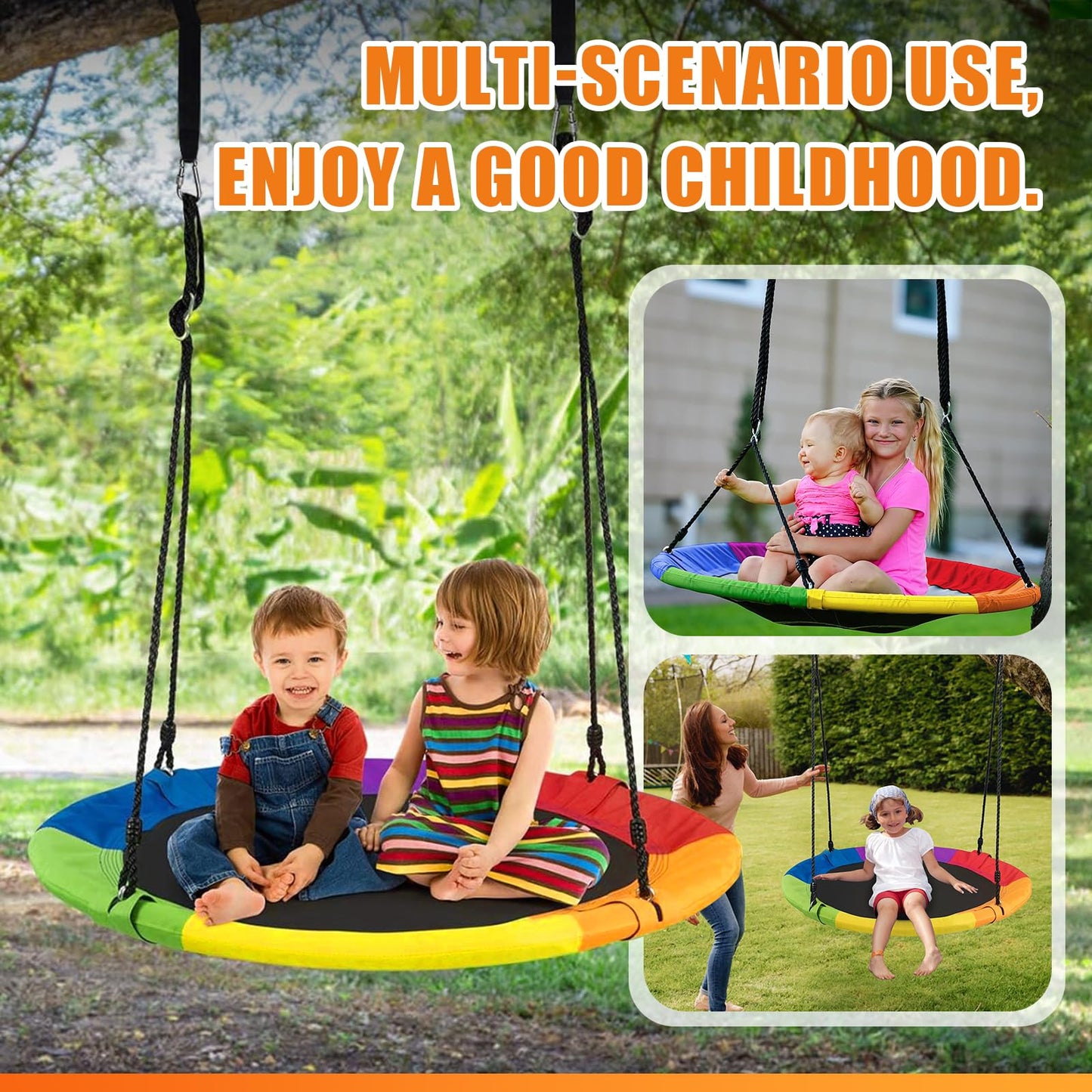 BRVJEMP 40 Inch Saucer Tree Swing for Kids Outdoor,Disc Round Swing with Waterproof Textilene Fabric,500Lb Weight Capacity,Kids Playground Outdoor Activity Backyard Fun (Multicolor)