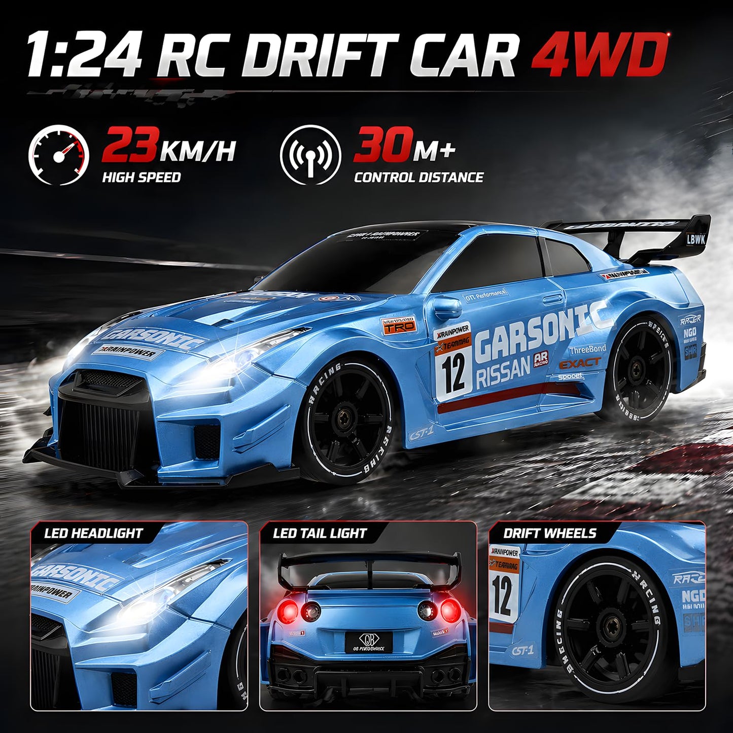 HTURCCOP 1:24 RC Drift 2.4GHz with LED Light Race Car Toys for Boys and Girls Aged 6+ Speed Adjustable up to 23Km/H, High-Speed RC Racing Cars Toy Gift for Boys & Girls (Blue)