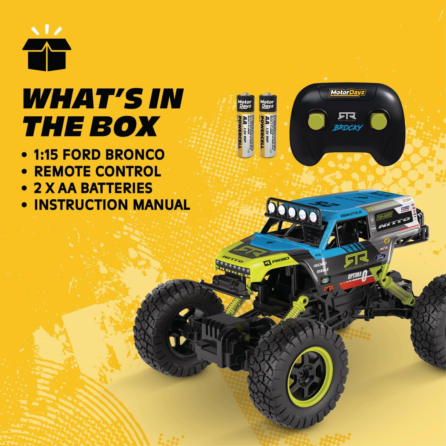 Motor Dayz Vaughn Gittin Ford Bronco RC Truck – 1:15 Scale 4WD Remote Control Car, Officially Licensed Bronco “Brocky,” 2.4GHz Full-Function Control, USB Rechargeable, Ready to Run