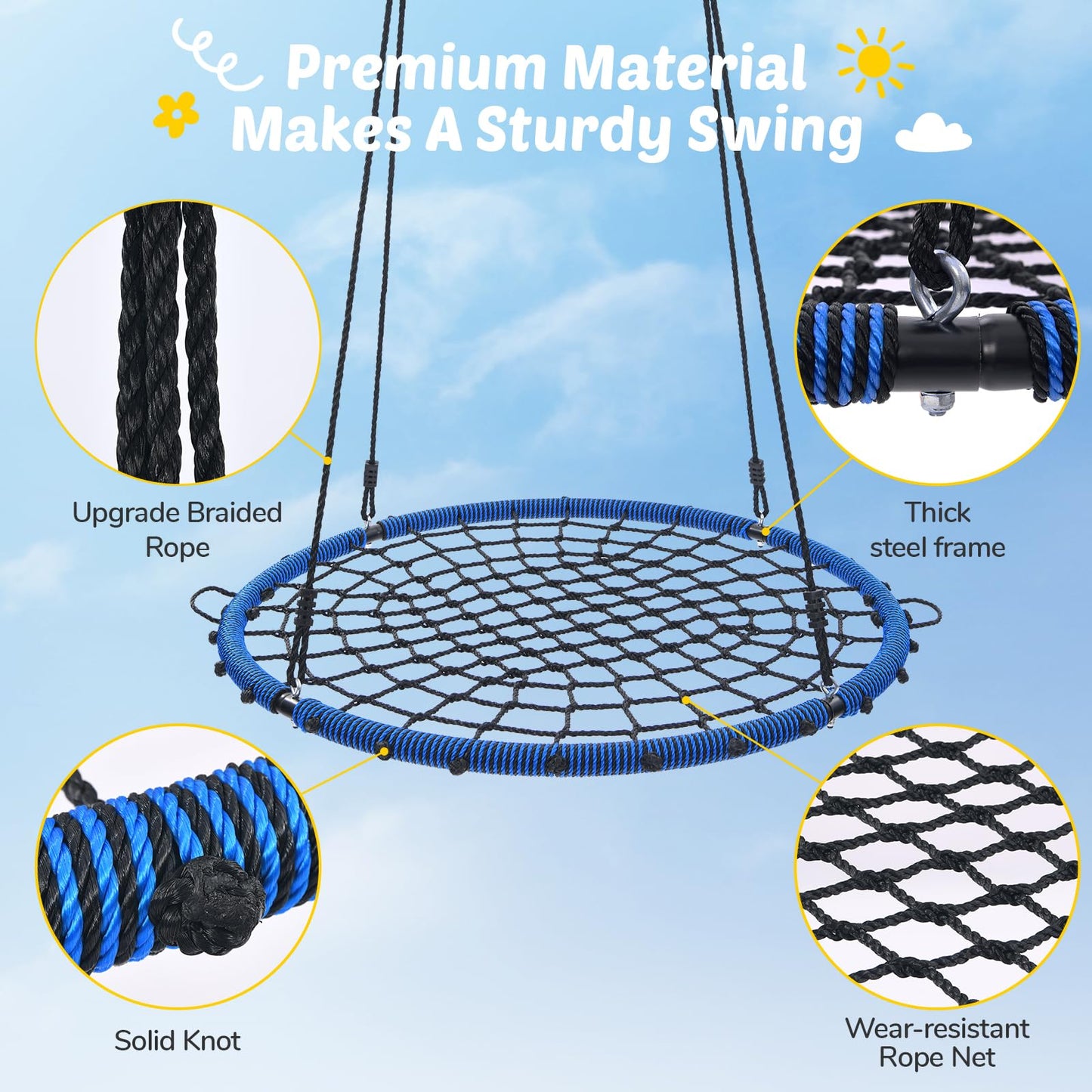 Trekassy 45" 750lbs Spider Web Tree Swing for Kids & Adults, Outdoor Steel Frame Saucer Net Swing with Swivel, Adjustable Ropes + 2 Tree Hanging Straps - Blue (Patented)