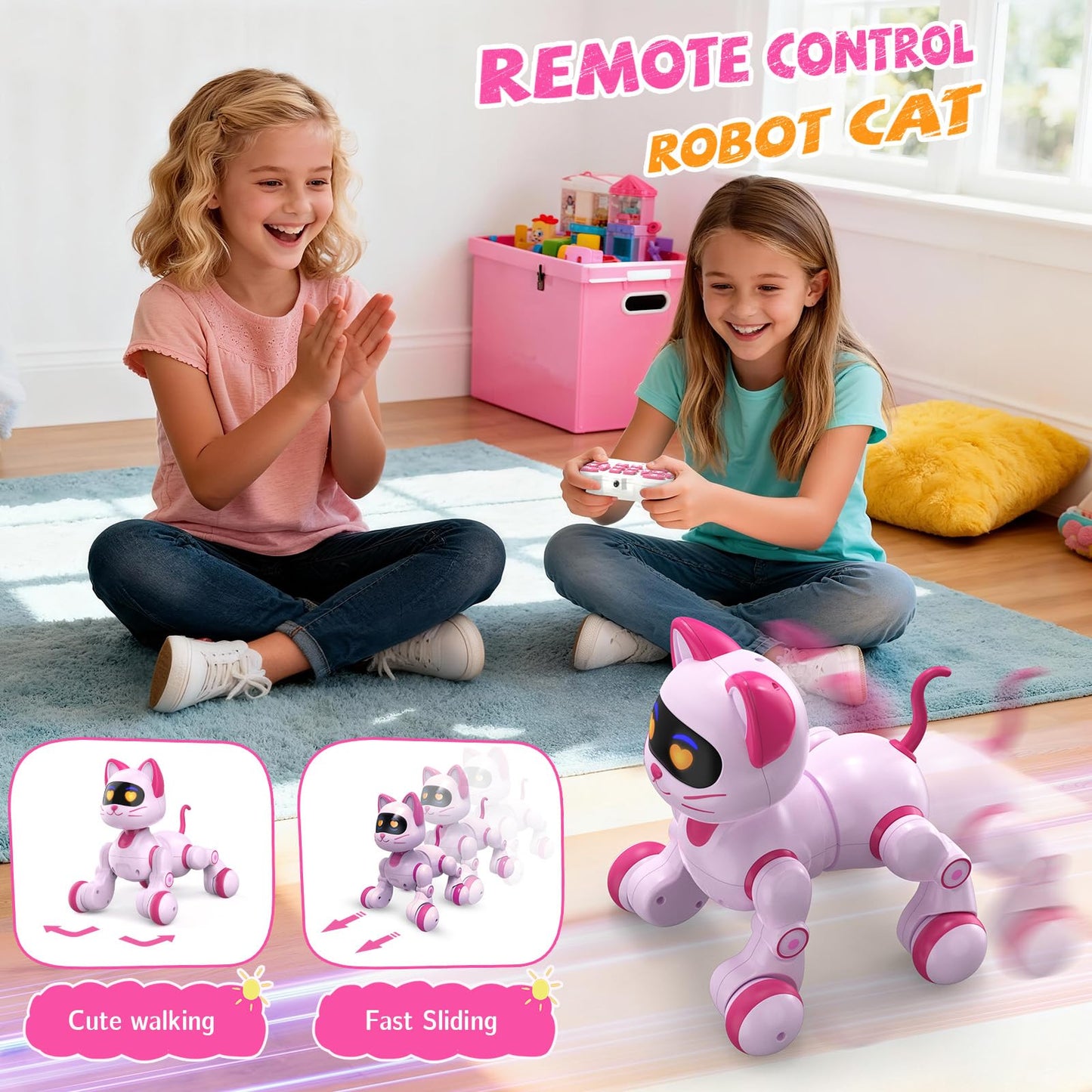 Robot Cat Toy for Kids, Interactive Robot Kitty with Touch Sensing, Remote Control Cat Robot Singing, Dancing, Walking, Sliding, Programmable Smart Pink Robotic Cat Pet for Girls